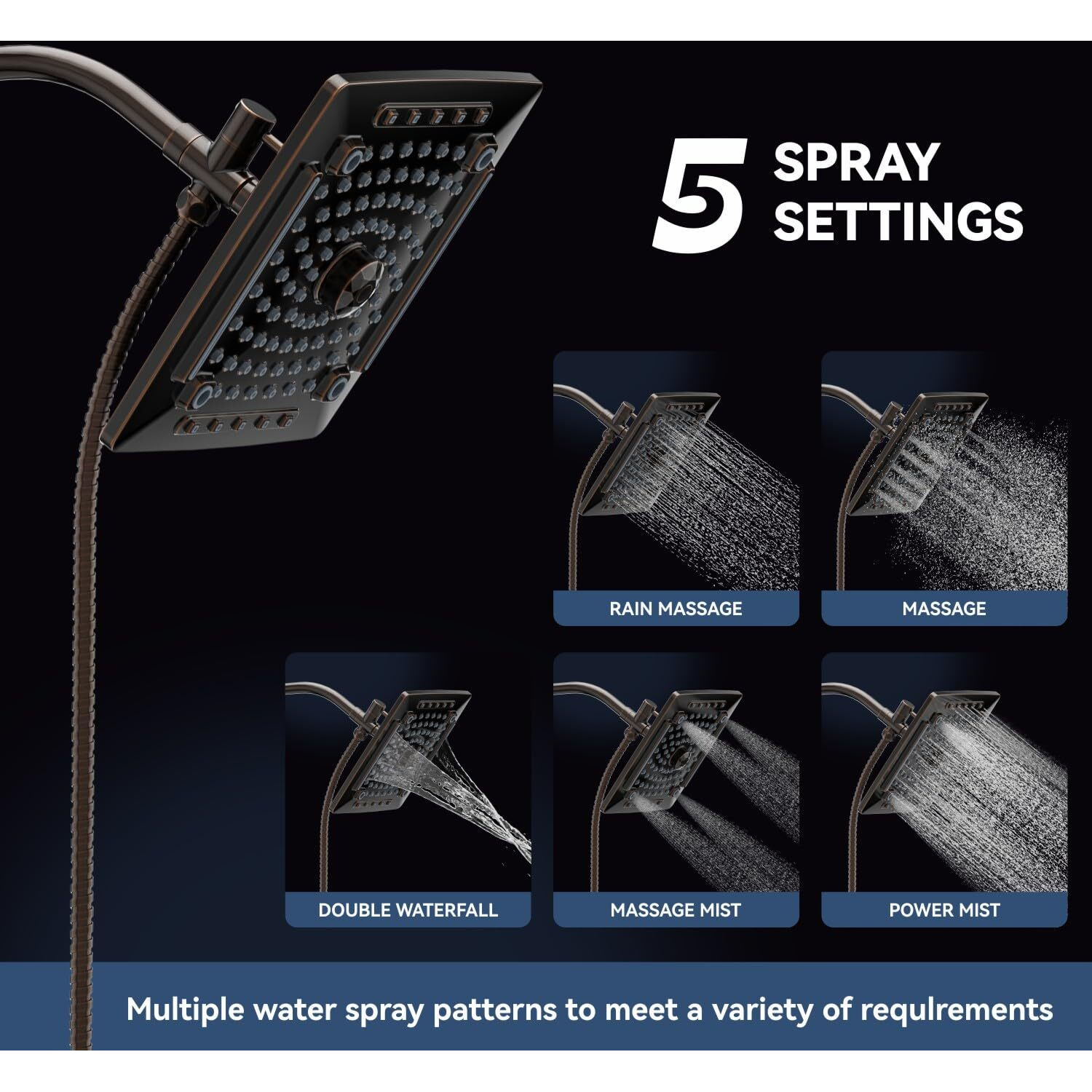 Ello&Allo Rain Shower Head With Handheld Spray, Rainfall Shower Head Combo With 60"" Hose, Adjustable Dual Showerhead Set With 3-Way Diverter, Oil-Rubbed Bronze