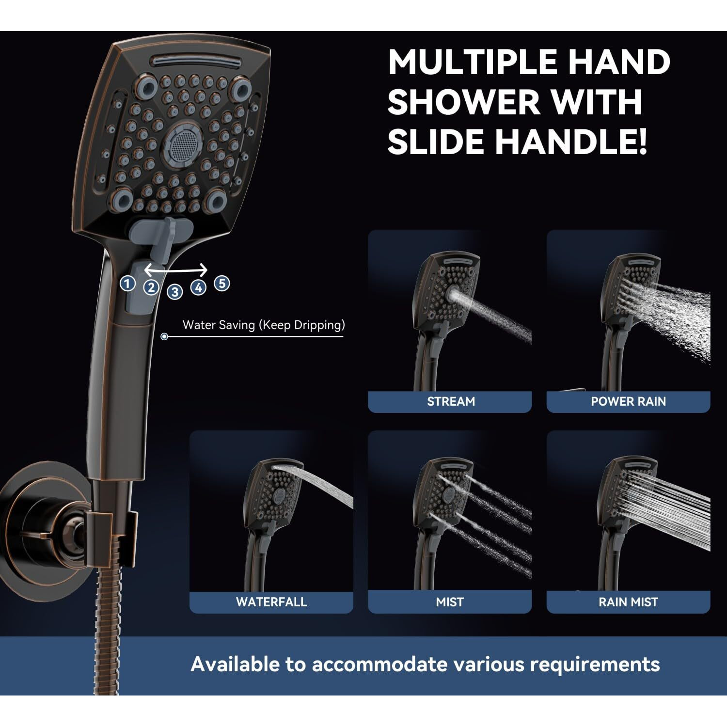 Ello&Allo Rain Shower Head With Handheld Spray, Rainfall Shower Head Combo With 60"" Hose, Adjustable Dual Showerhead Set With 3-Way Diverter, Oil-Rubbed Bronze