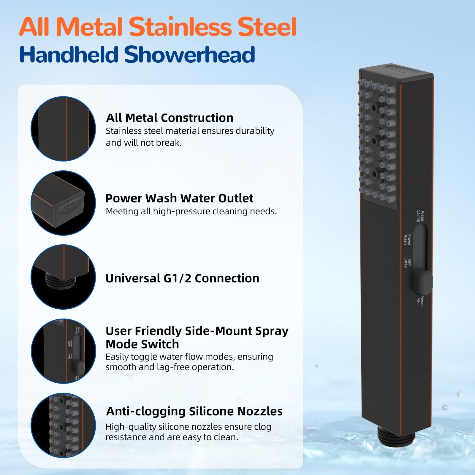 Hibbent All Metal Handheld Shower Head, High Pressure Upgraded 4 Spray Stainless Steel Showerhead, Built-In Power Wash To Clean Tub & Pets, Adjustable Brass Holder, 71"" Hose, Oil-Rubbed Bronze