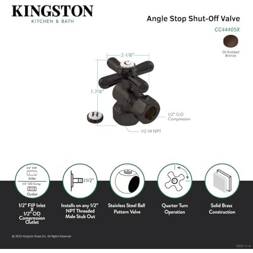 Kingston Brass Cc44405X Vintage Fip X 1/2-Inch Od Compression Quarter-Turn Angle Stop Valve, 2-1/8-Inch, Oil Rubbed Bronze