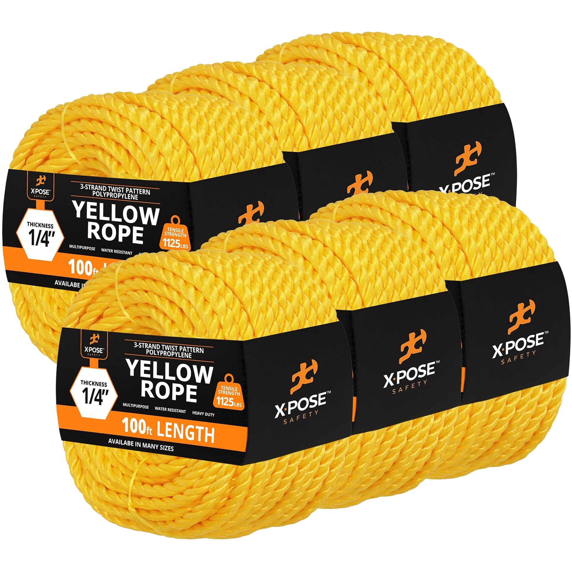 Yellow Twisted Polypropylene Rope, 1/4"" Thickness X 100' Length Heavy Duty Poly Ropes For Outdoor And Marine Use, Yellow Rope For Visibility & Safety