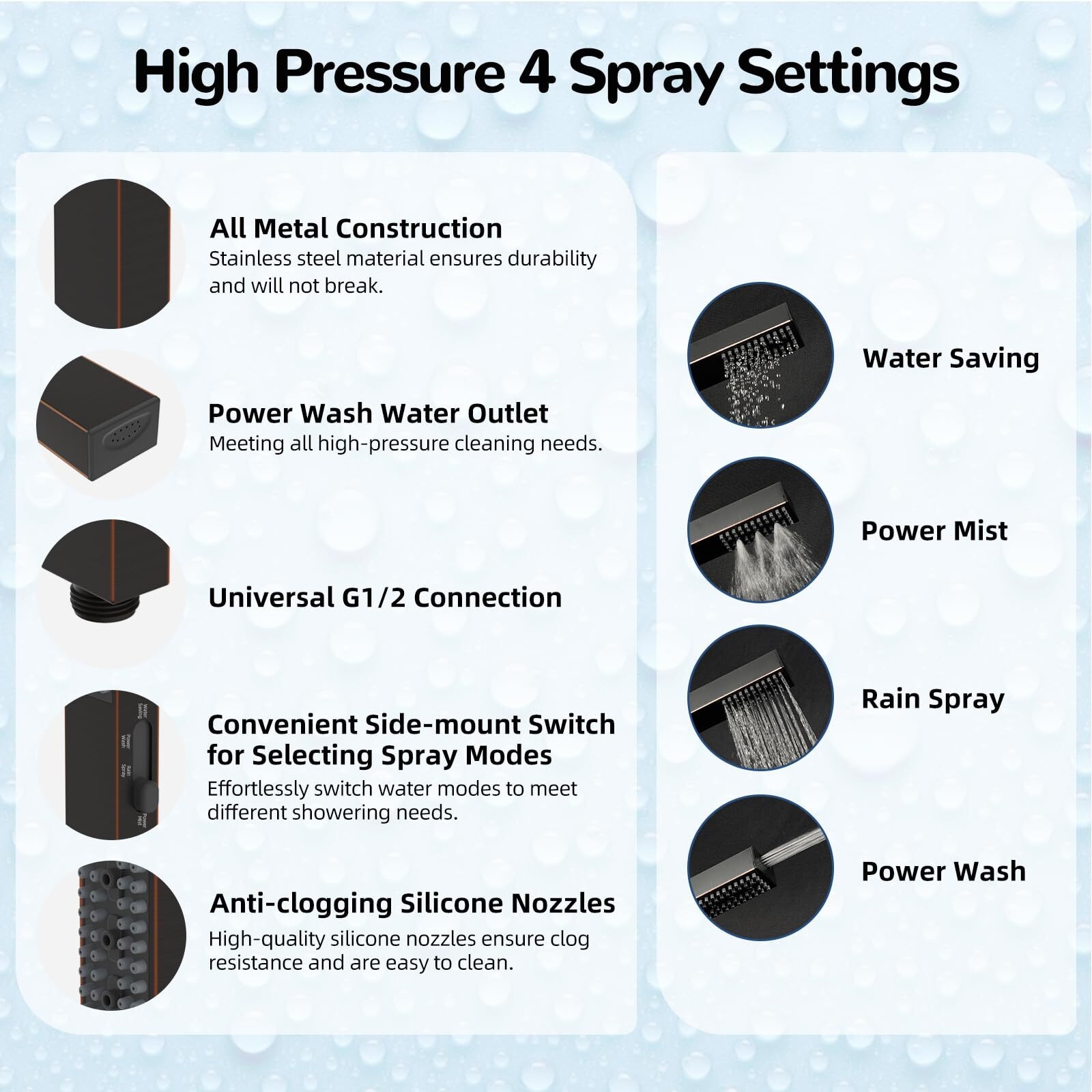 Hibbent All Metal 8'' Rainfall Shower Head, Shower Head Combo, High Pressure Handheld Shower Wand, 4 Sprays, 16'' Adjustable Arc-Shaped Extension Arm, 71'' Hose, Showerhead Holder, Oil Rubbed Bronze