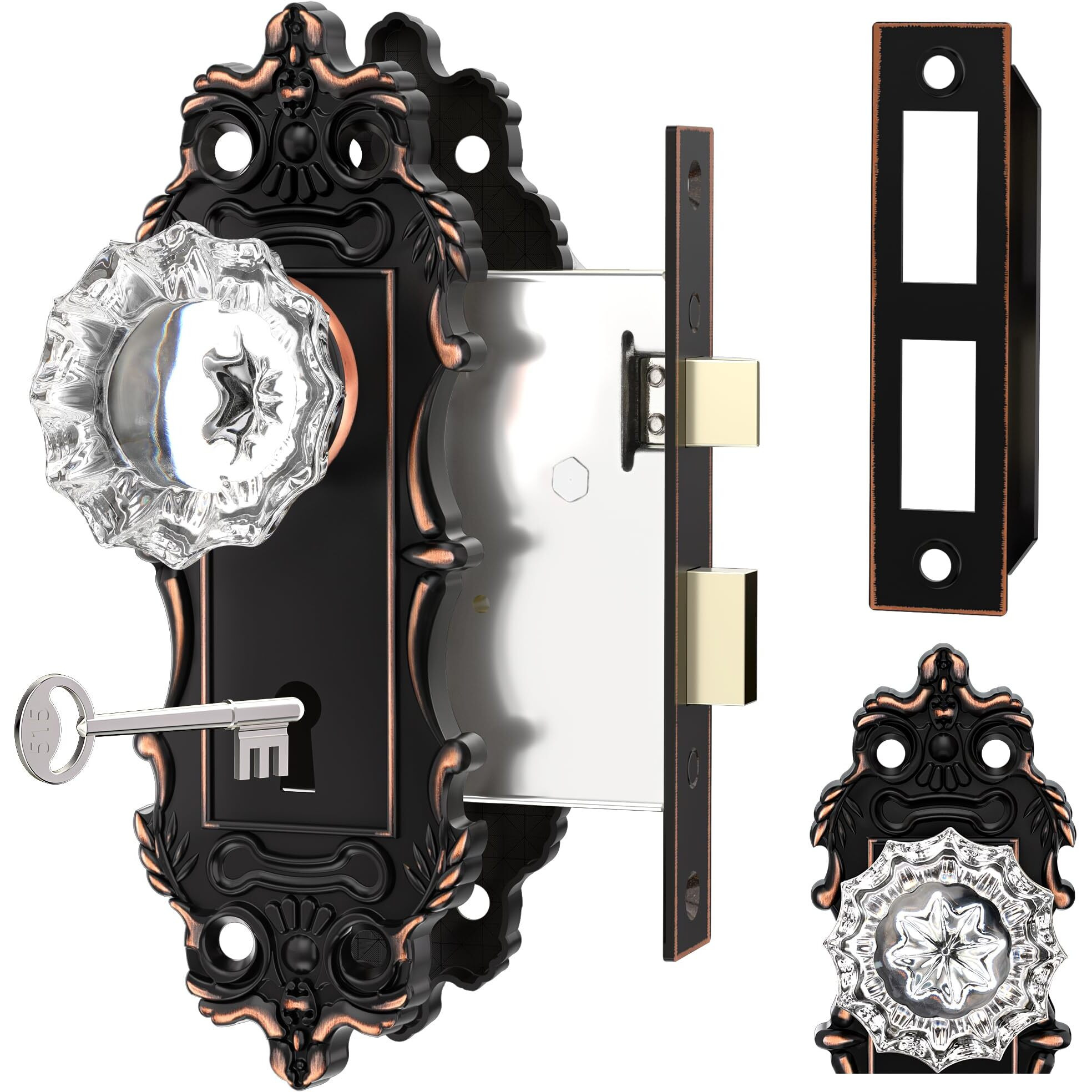 Ceymio Antique Door Knobs Interior Mortise Lock Oil Rubbed Bronze Door Knob Crystal Glass Door Handle Vintage Skeleton Key Door Locks For Bedrooms Bathroom