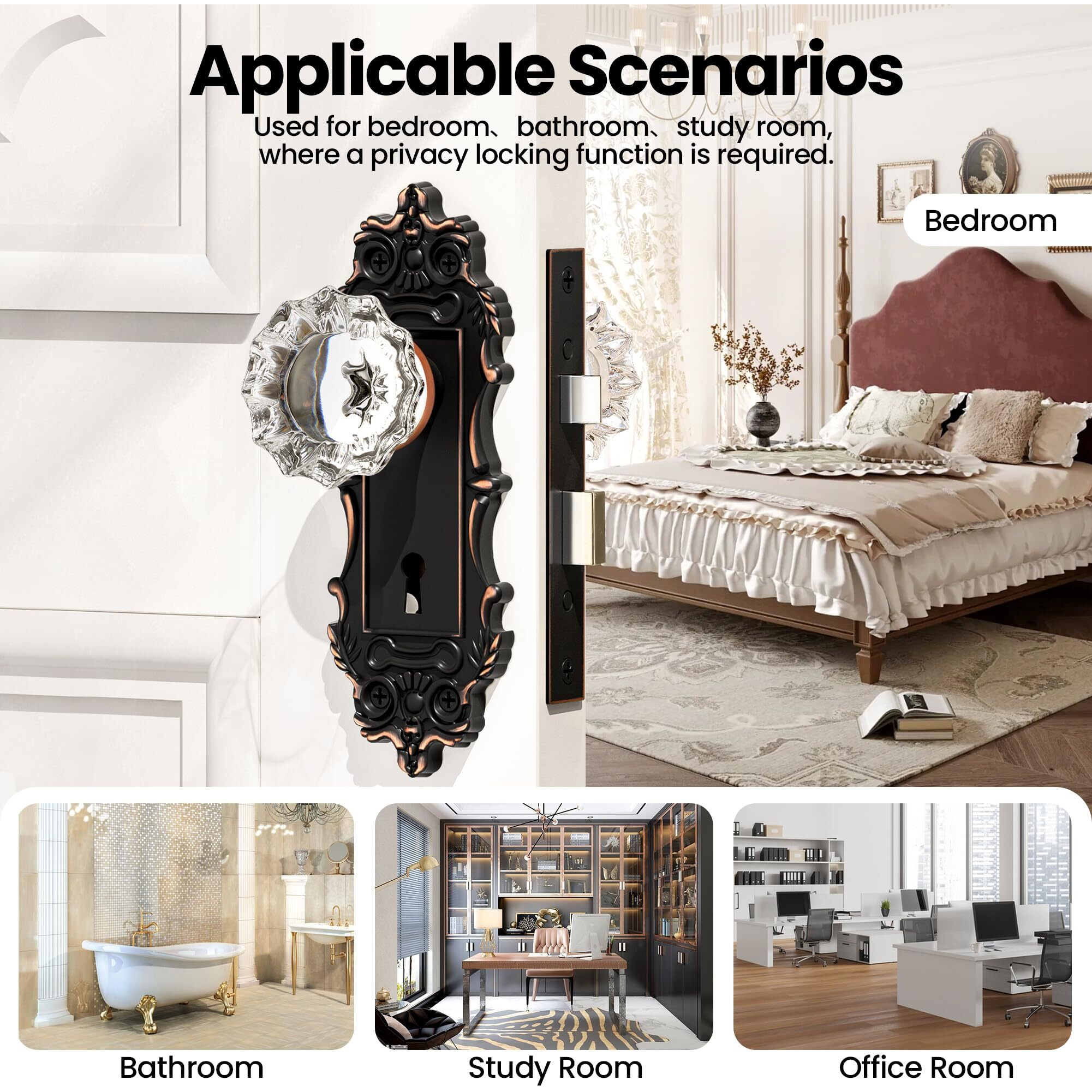 Ceymio Antique Door Knobs Interior Mortise Lock Oil Rubbed Bronze Door Knob Crystal Glass Door Handle Vintage Skeleton Key Door Locks For Bedrooms Bathroom