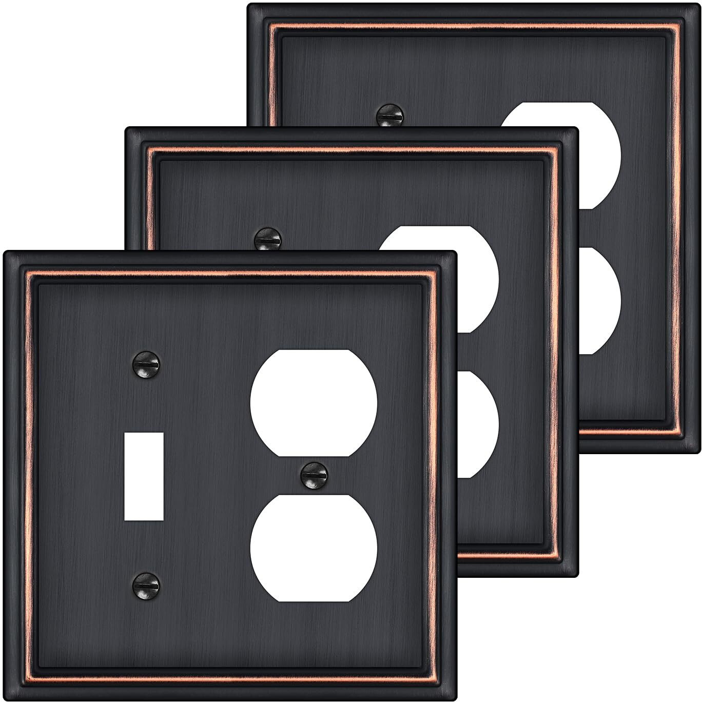 Combination Metal Light Switch Covers Wall Plate, 1 Toggle/1 Duplex Switch Plate Outlet Covers Oil Rubbed Bronze Decorative 2 Gang Wall Plate - Classic Style, 3 Pack