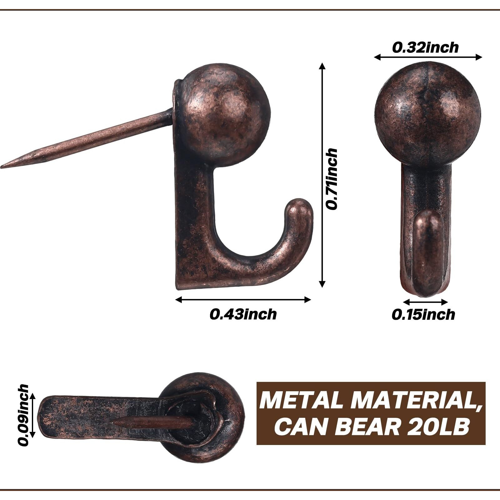 Jetec 30 Pieces Metal Push Pin Hangers Pin Wall Hooks Picture Hanging Picture Nails Frame Oil Painting Hooks On Wooden Or Fabric Wall For Home Or Office (Bronze)