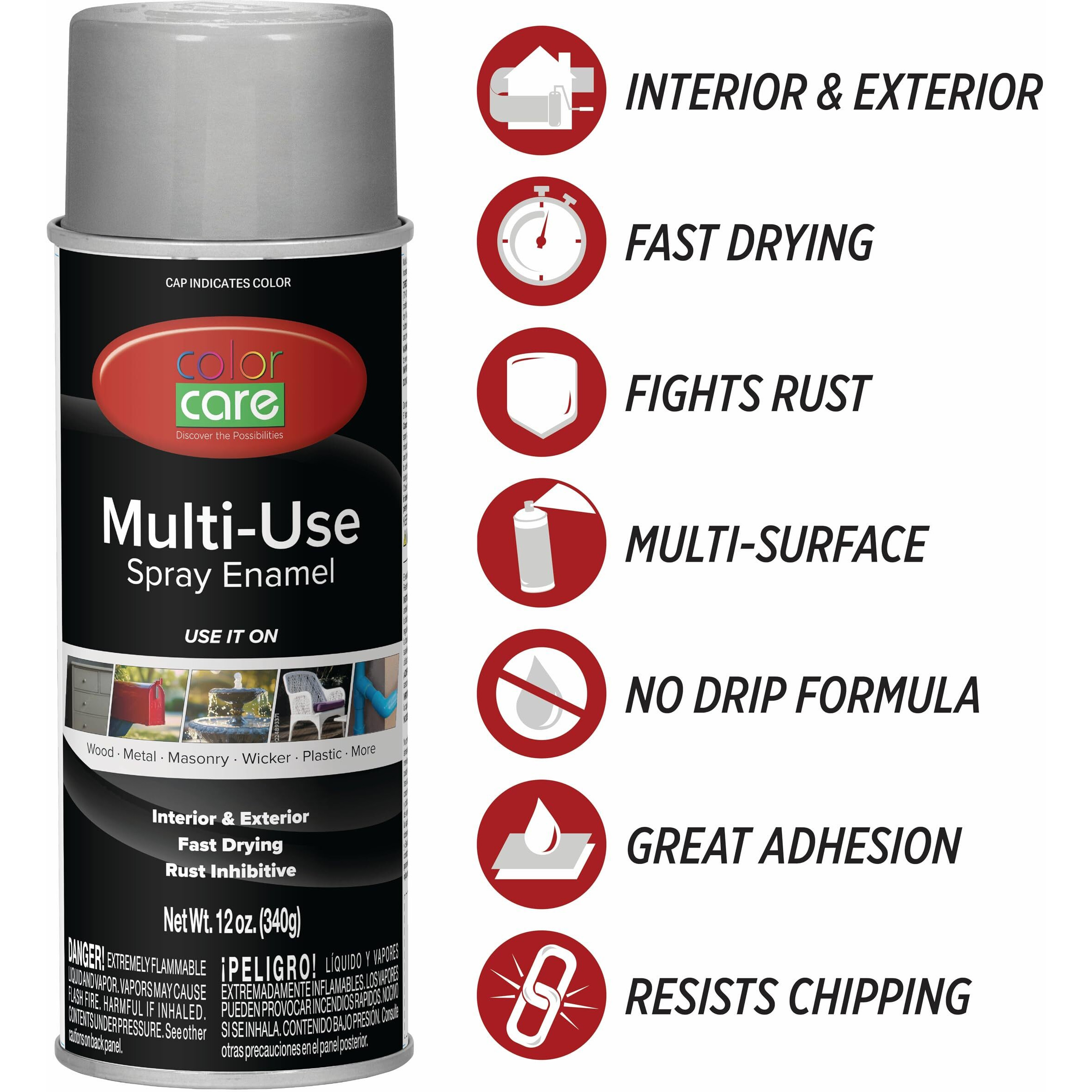 Color Care Spray Paint - 4 Pack Of 12 Oz. Cans, Oil Enamel, Rust Resistant, Quick Drying, No Drip Formula For Wood, Metal, Plastic, Masonry, Indoor & Outdoor Use (Aluminum)