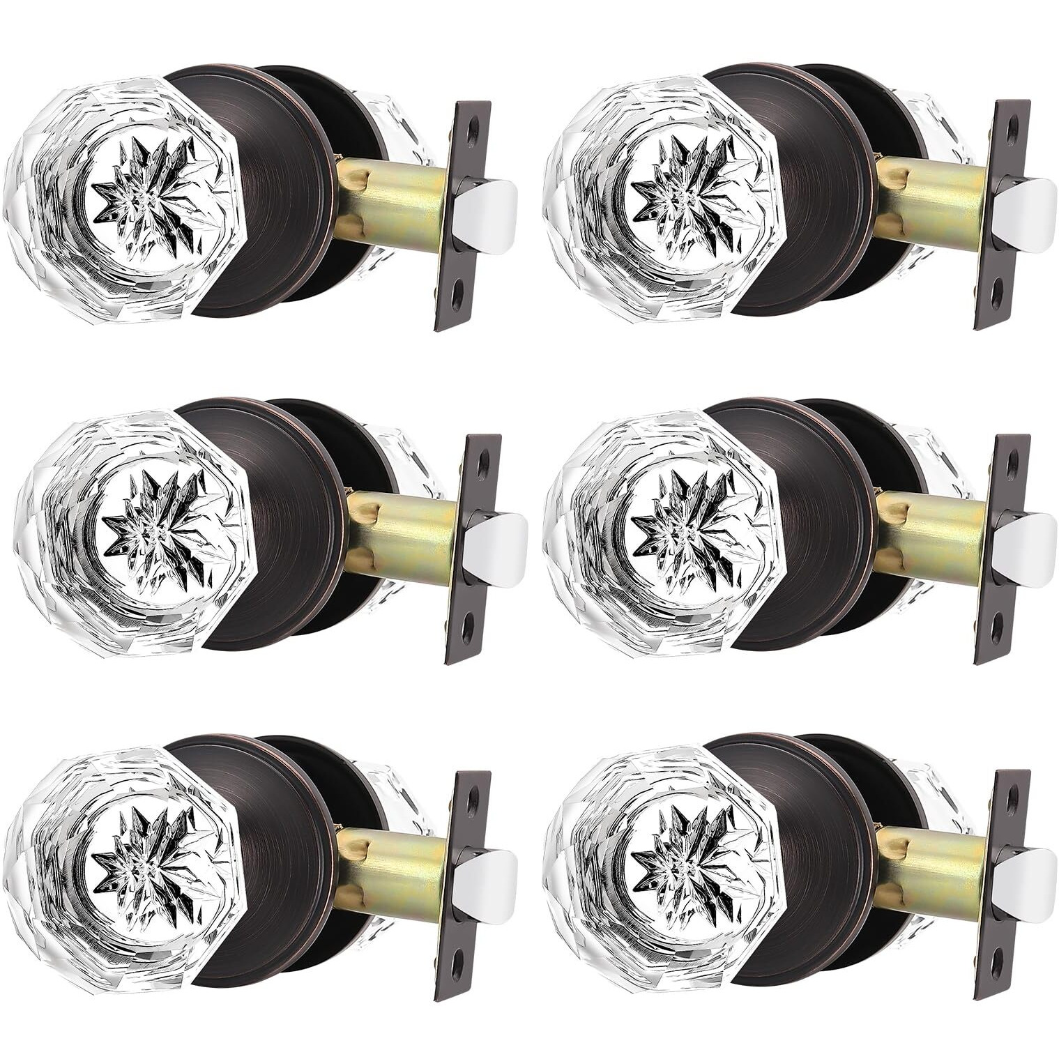 6 Pack Orger Glass Door Knobs For Hallway And Closet, Crystal Passage Door Knobs With Round Diamond Shape, Non-Locking Interior Door Handles, Round Rosette Finished Oil Rubbed Bronze