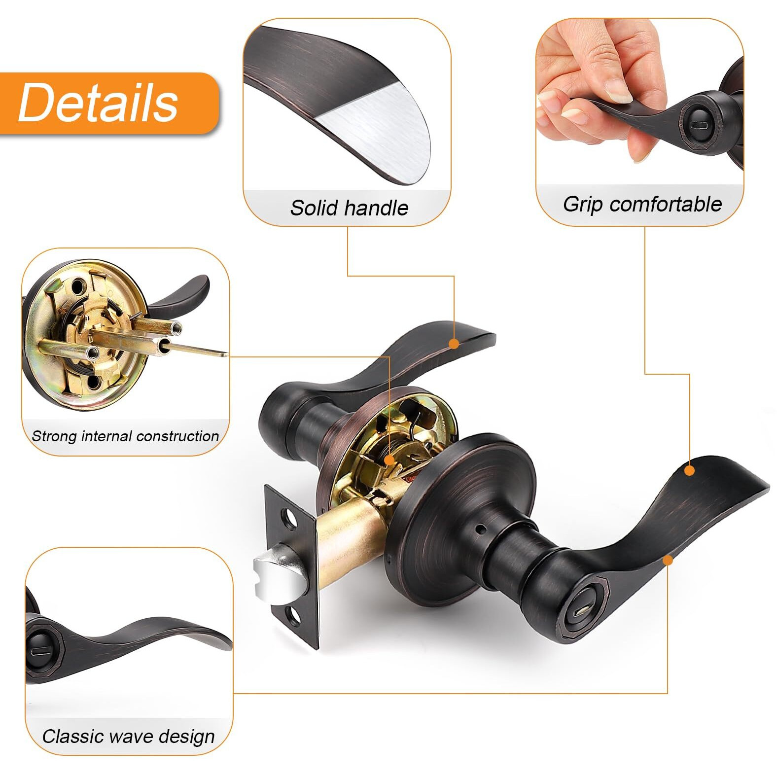 Probrico Wave Style Privacy Door Handles Interior Oil Rubbed Bronze Door Lever Lock Keyless Door Lockset For Bedroom And Bathroom Reversible Door Handle Knob For Left And Right Handed Doors, 2 Pack