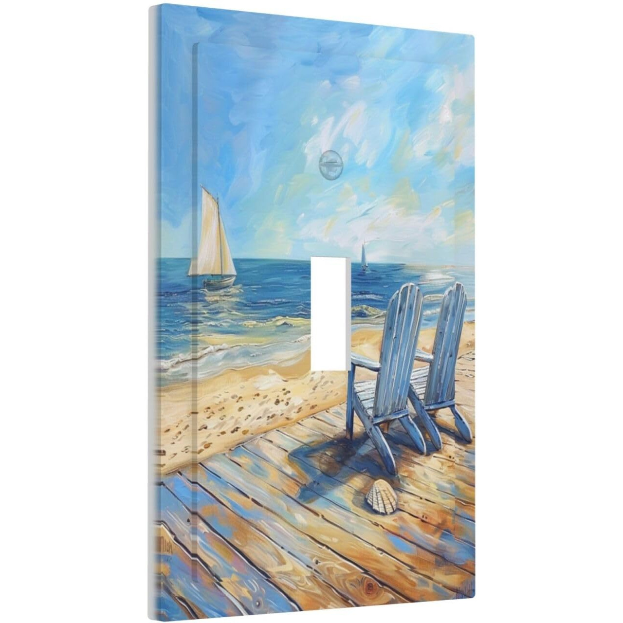 Xuejiaku Decorative Light Switch Cover Sea Beach Chair Oil Painting Ocean Sailboat 1 Gang Wall Plates Single Toggle Outlet Covers Decora Switch Plate Electrical Faceplate For Bathroom Home Decor