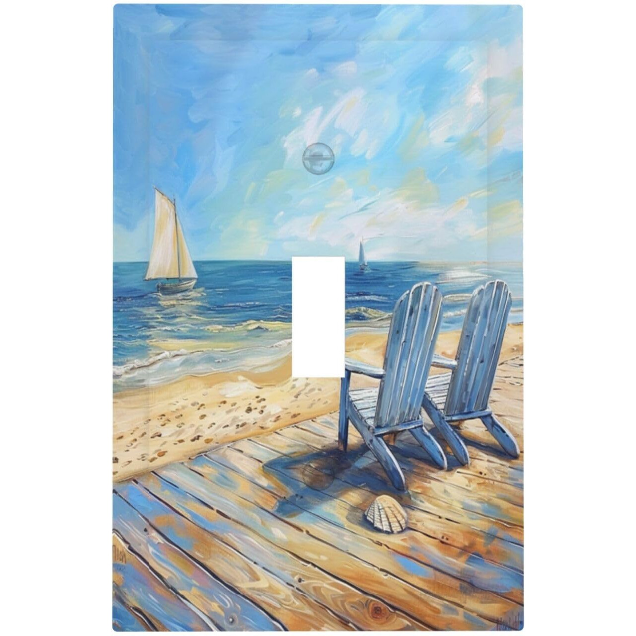 Xuejiaku Decorative Light Switch Cover Sea Beach Chair Oil Painting Ocean Sailboat 1 Gang Wall Plates Single Toggle Outlet Covers Decora Switch Plate Electrical Faceplate For Bathroom Home Decor