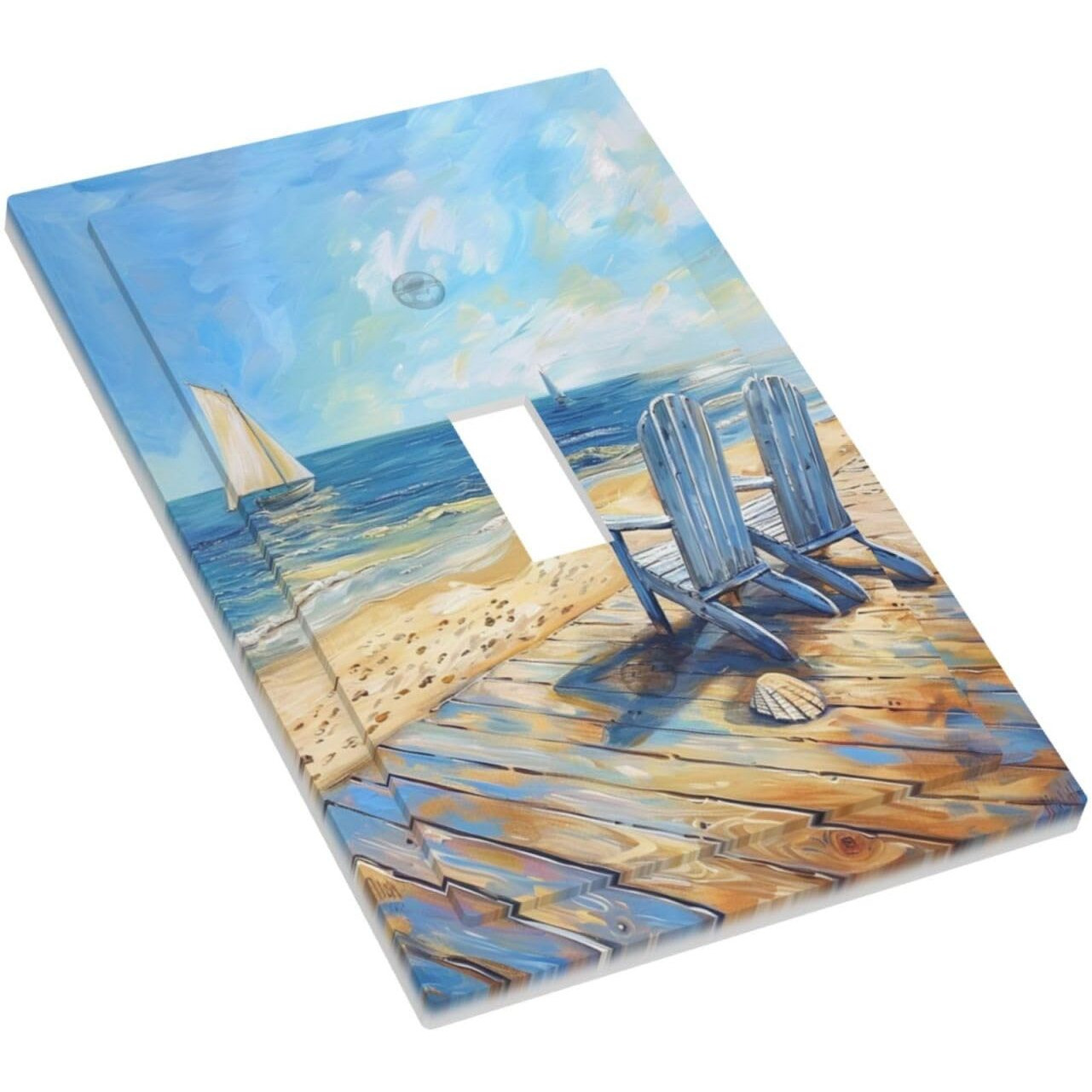 Xuejiaku Decorative Light Switch Cover Sea Beach Chair Oil Painting Ocean Sailboat 1 Gang Wall Plates Single Toggle Outlet Covers Decora Switch Plate Electrical Faceplate For Bathroom Home Decor