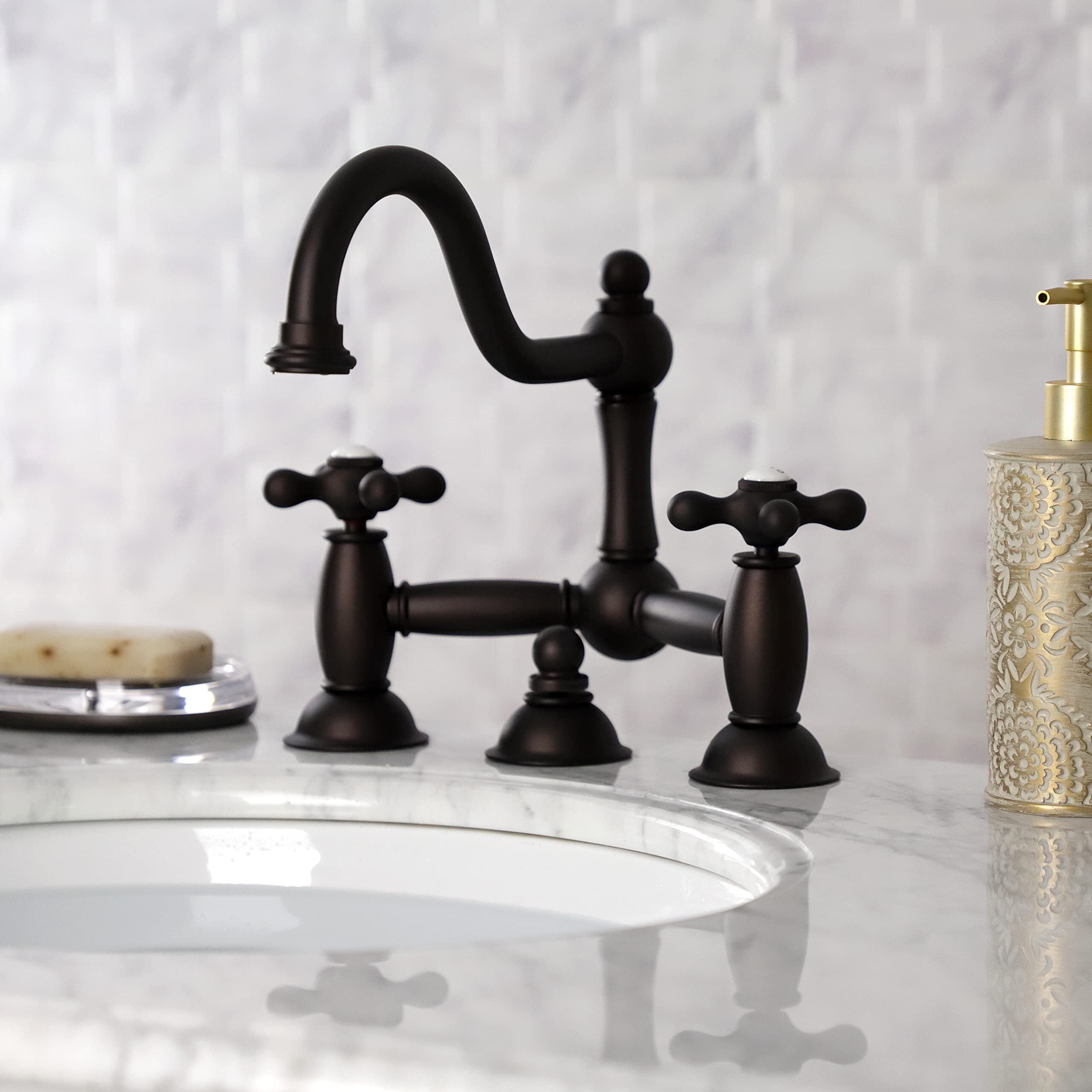 Kingston Brass Ks3915Ax Restoration Widespread Lavatory Faucet With Metal Cross Handle, Oil Rubbed Bronze