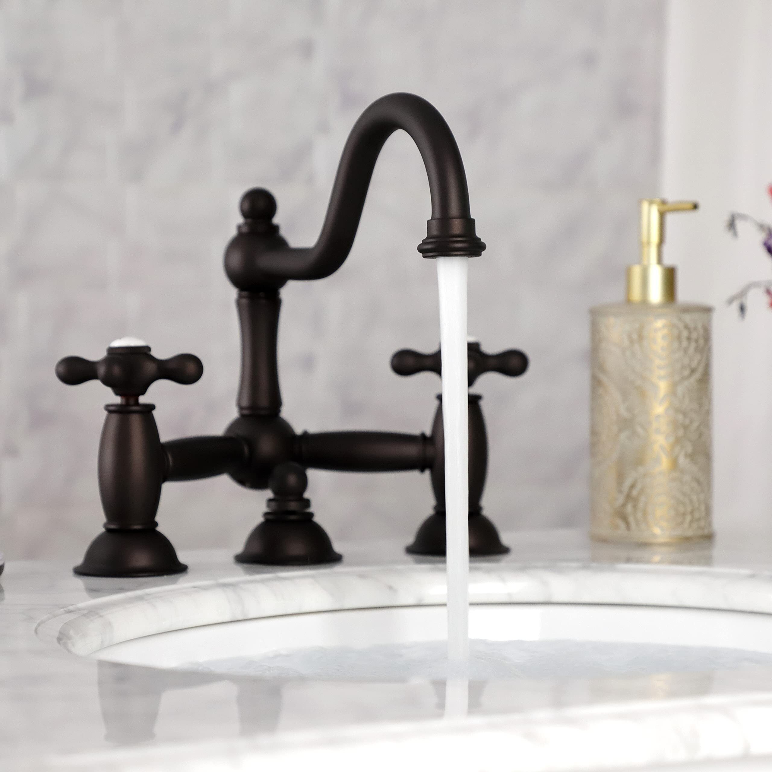 Kingston Brass Ks3915Ax Restoration Widespread Lavatory Faucet With Metal Cross Handle, Oil Rubbed Bronze