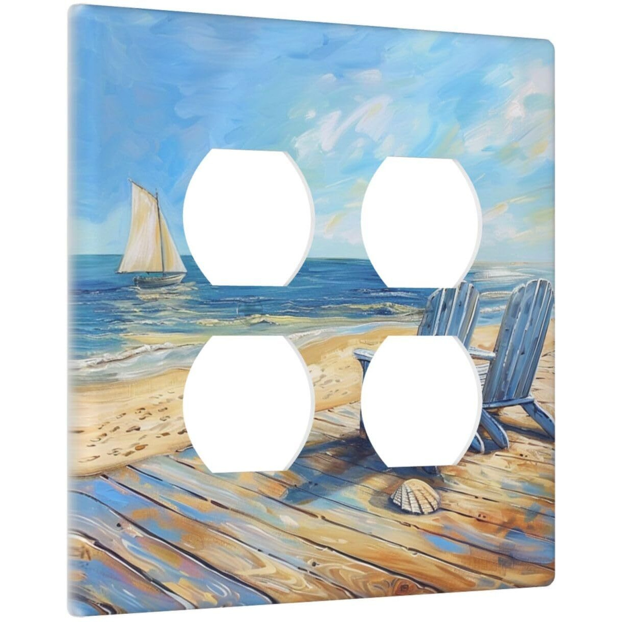 Xuejiaku Outlet Covers Sea Beach Chair Oil Painting Ocean Sailboat 2 Gang Decorative Light Switch Cover Double Duplex Socket Cover Switch Plates Electrical Wallplates For Bathroom Home Decor