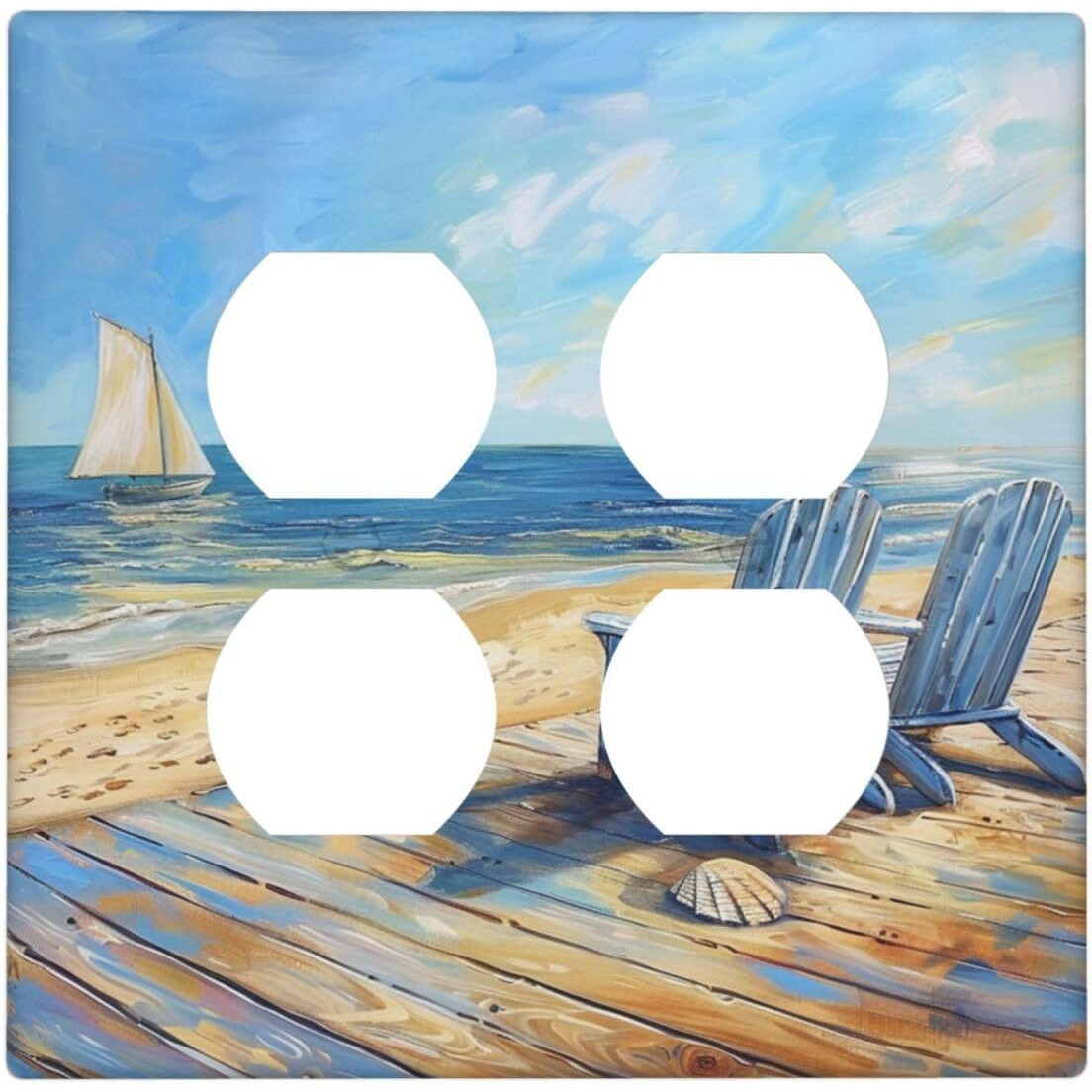 Xuejiaku Outlet Covers Sea Beach Chair Oil Painting Ocean Sailboat 2 Gang Decorative Light Switch Cover Double Duplex Socket Cover Switch Plates Electrical Wallplates For Bathroom Home Decor