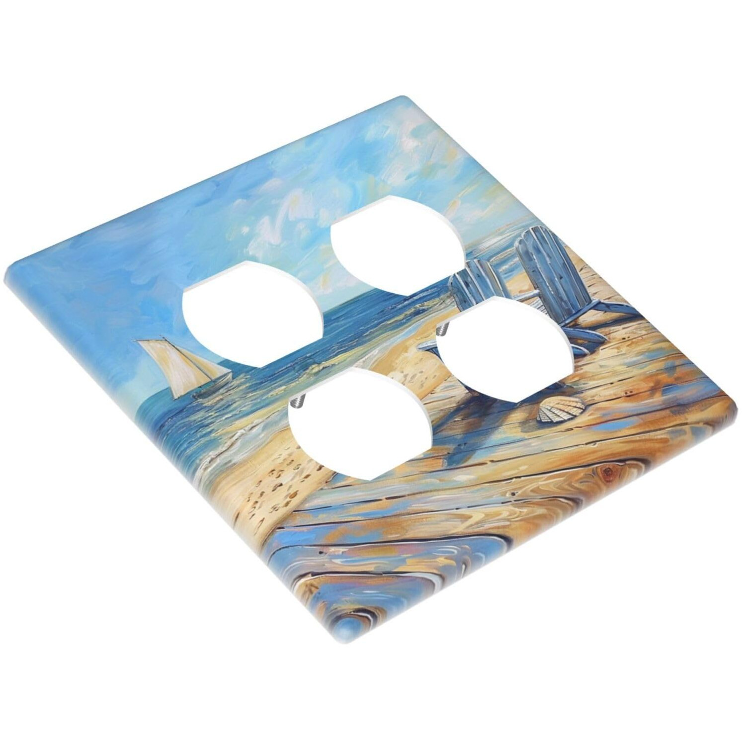 Xuejiaku Outlet Covers Sea Beach Chair Oil Painting Ocean Sailboat 2 Gang Decorative Light Switch Cover Double Duplex Socket Cover Switch Plates Electrical Wallplates For Bathroom Home Decor