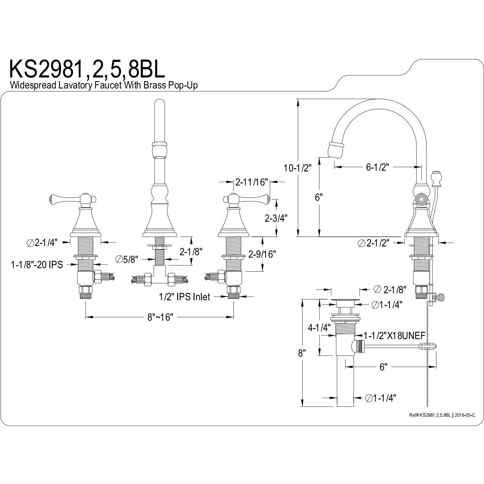 Kingston Brass Ks2985Bl Governor Widespread Lavatory Faucet With Brass Pop-Up And Metal Lever Handle, Oil Rubbed Bronze