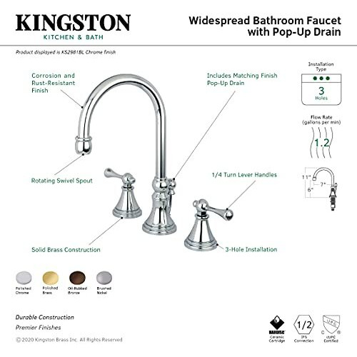 Kingston Brass Ks2985Bl Governor Widespread Lavatory Faucet With Brass Pop-Up And Metal Lever Handle, Oil Rubbed Bronze