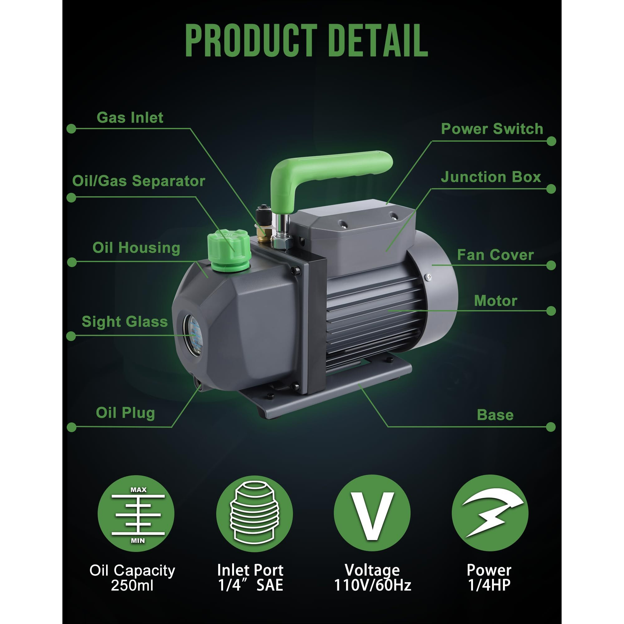 Lichamp Vacuum Pump, 4.5 Cfm 1/3 Hp Hvac Single Stage Vacuum Pump For R134A R410A R22 R12, For Automotive Air Conditioner Refrigerant, Oil Included, Cool Gray
