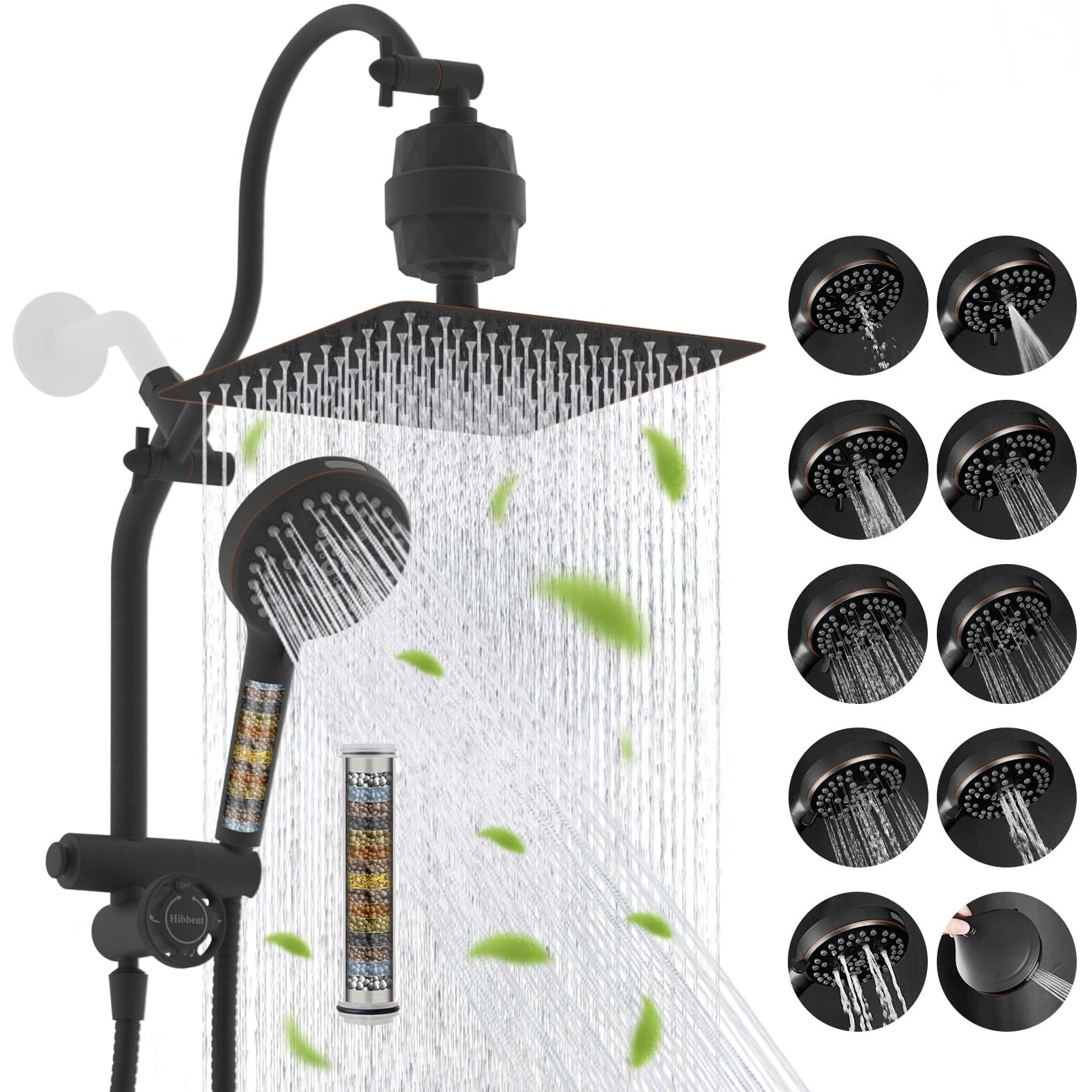 Hibbent Dual Filter All Metal 10"&quotRainfall Showerhead Combo, High Pressure Shower Head With 10-Spray Mode Handheld, 4-Way Diverter With Pause Mode, 71'' Shower Hose & Holder, Oil Rubbed Bronze
