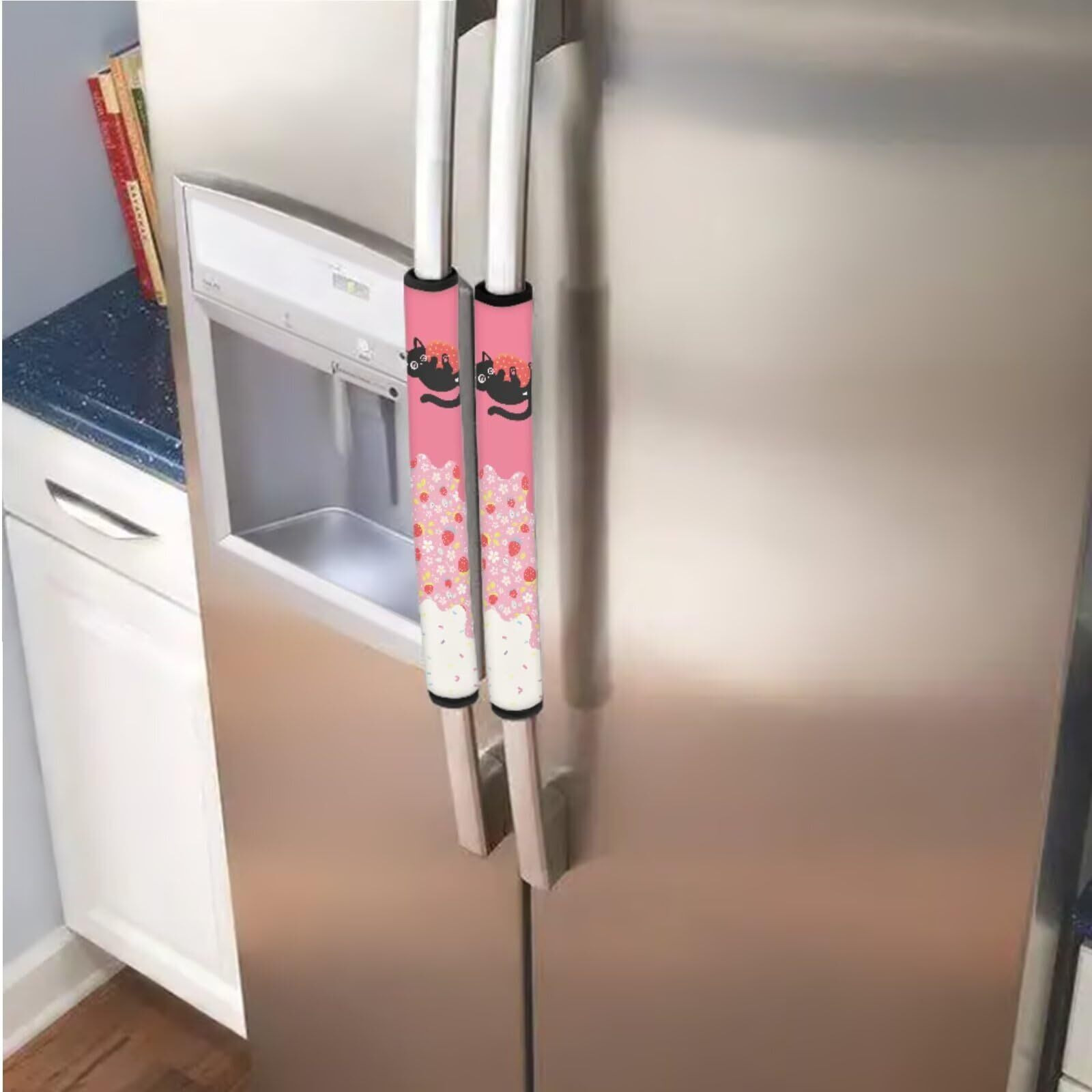 Garucesta 6 Pcs Refrigerator Microwave Door Handle Covers Electrical Appliances Handle Protector Keep Clean And Protected From Oil Stains, Fingerprints, Liquids, Black Cat Strawberry Flower Sprinkles