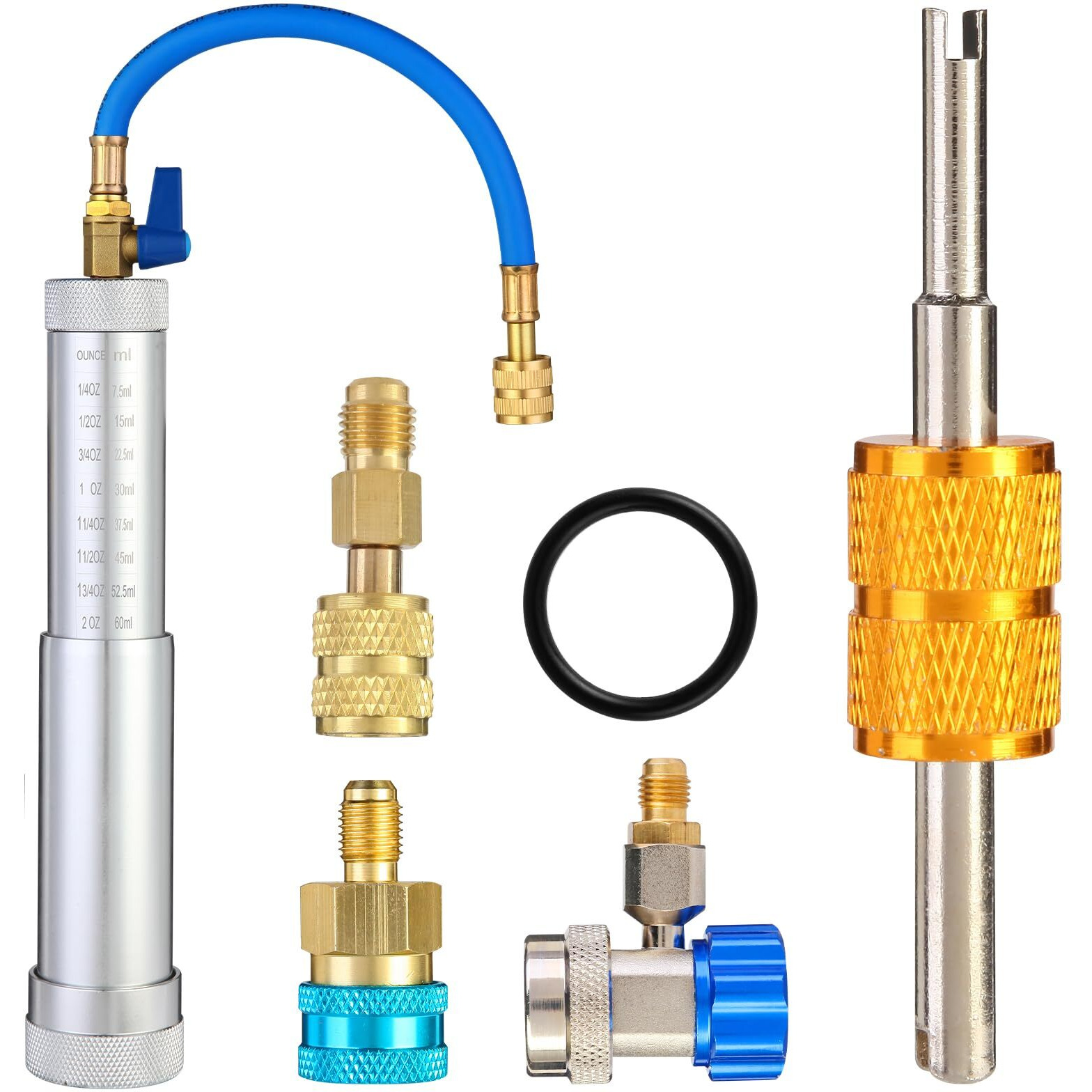 Wells Ac Oil Dye Injector Kit, R134A & R1234Yf & R410A A/C Oil Injector Backflow Prevent Kit With R134A & R1234Yf Low Side Quick Coupler R410A Mini Split Adapter 2 Oz Measuring Cup 2 Oil Checkers