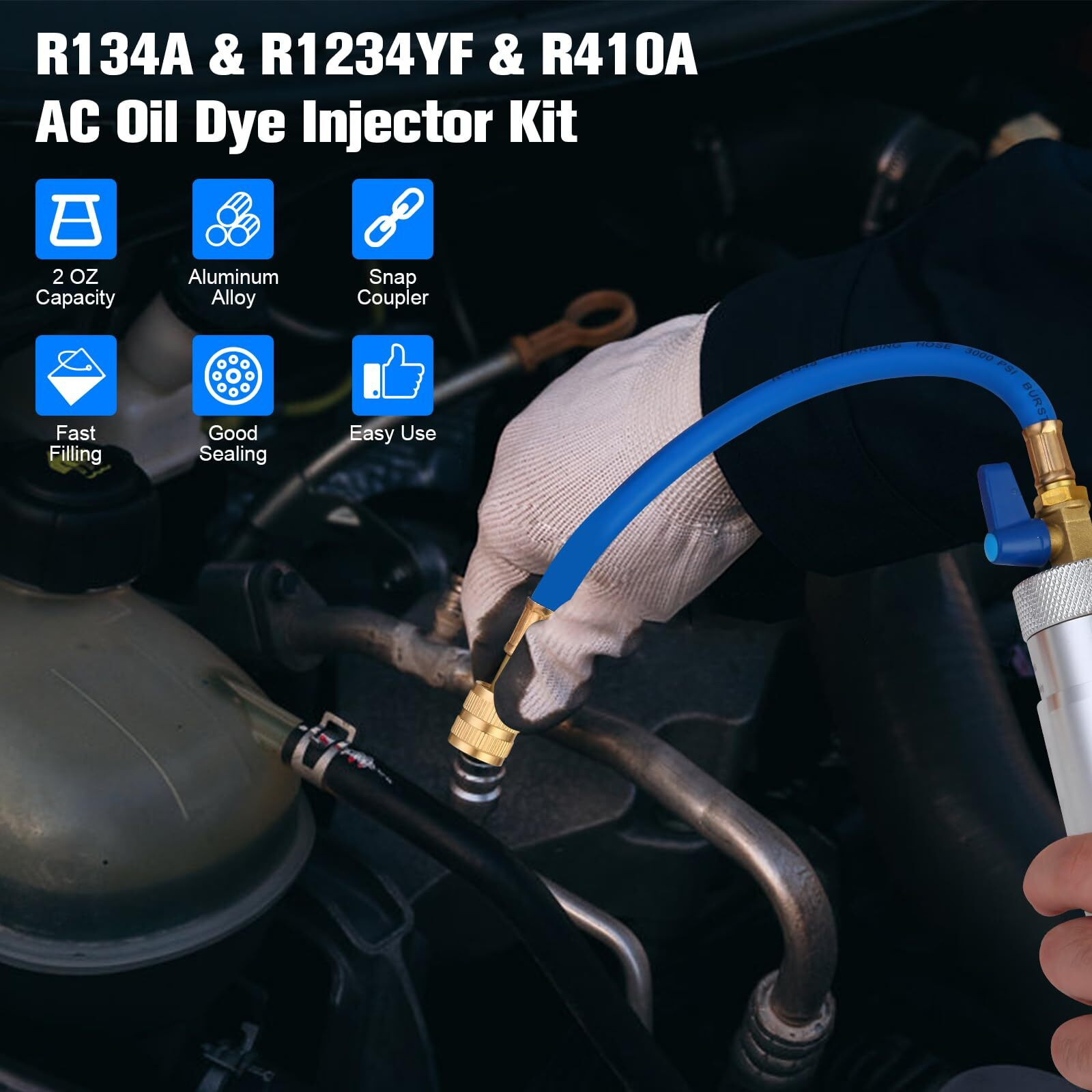 Wells Ac Oil Dye Injector Kit, R134A & R1234Yf & R410A A/C Oil Injector Backflow Prevent Kit With R134A & R1234Yf Low Side Quick Coupler R410A Mini Split Adapter 2 Oz Measuring Cup 2 Oil Checkers