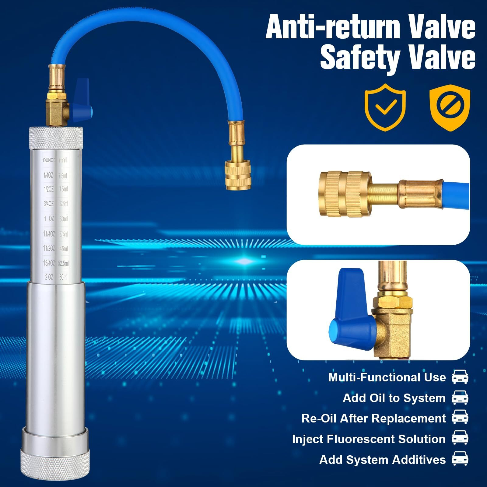 Wells Ac Oil Dye Injector Kit, R134A & R1234Yf & R410A A/C Oil Injector Backflow Prevent Kit With R134A & R1234Yf Low Side Quick Coupler R410A Mini Split Adapter 2 Oz Measuring Cup 2 Oil Checkers