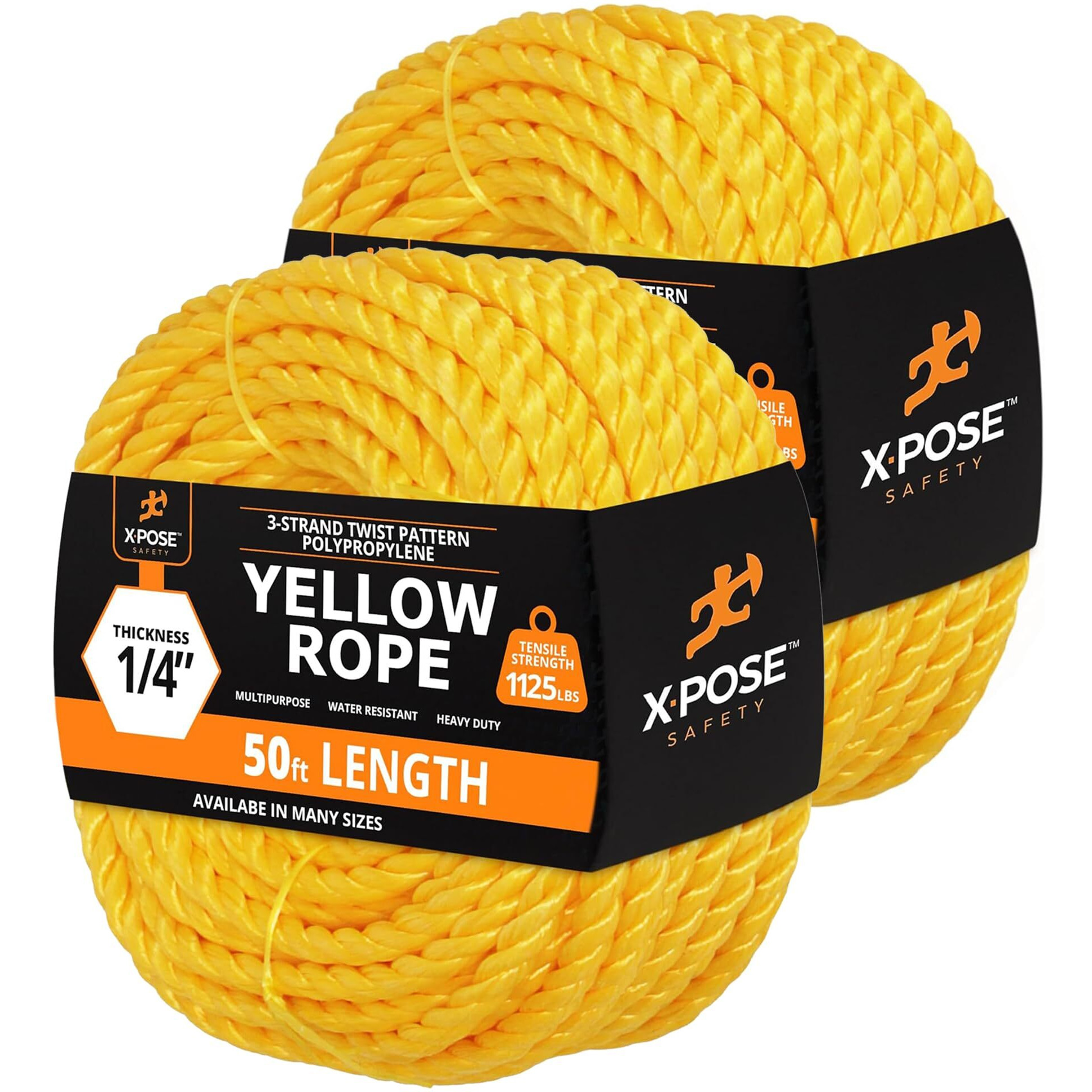Yellow Twisted Polypropylene Rope, 1/4"" Thickness X 50' Length Heavy Duty Poly Ropes For Outdoor And Marine Use, Yellow Rope For Visibility & Safety