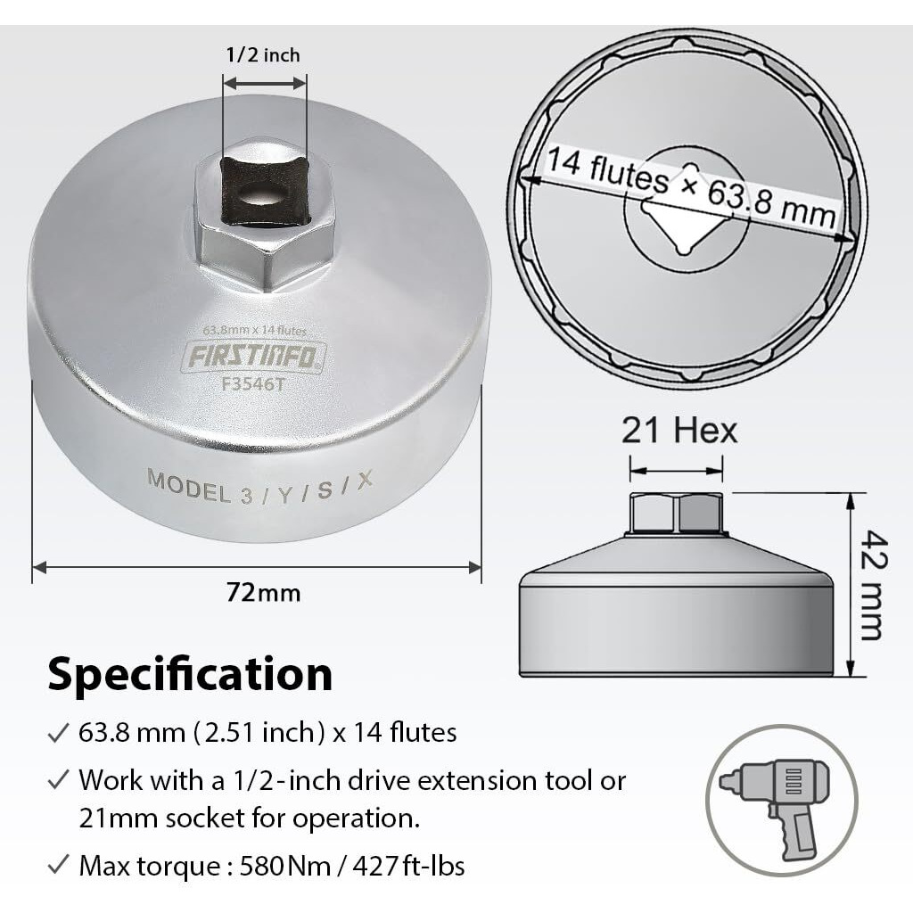 Firstinfo F3546T 1/2"" Drive 63.8Mm 14 Flutes Oil Filter Wrench, Compatible With Tesla