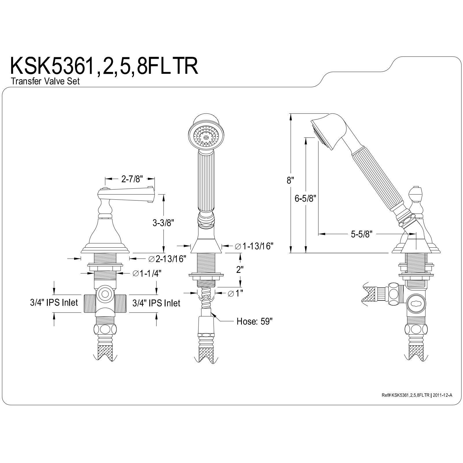 Kingston Brass Ksk5365Fltr Deck Mount Hand Shower With Diverter For Roman Tub Faucet, Oil Rubbed Bronze