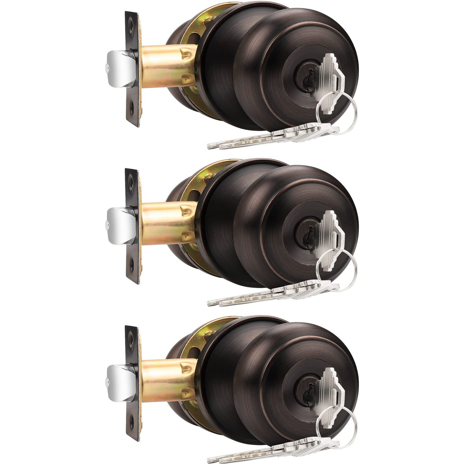 Probrico Keyed Alike Door Knobs With Lock And Key, Exterior Door Locks, Flat Ball Knob Style, Oil Rubbed Bronze, 3 Pack