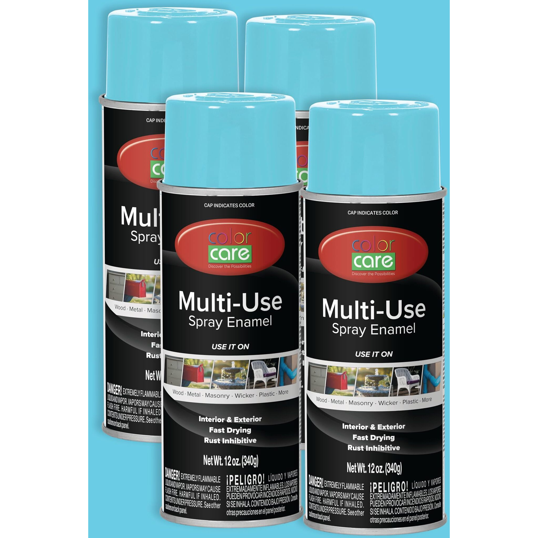 Color Care Spray Paint - 4 Pack Of 12 Oz. Cans, Oil Enamel, Rust Resistant, Quick Drying, No Drip Formula For Wood, Metal, Plastic, Masonry, Indoor & Outdoor Use (Light Blue)