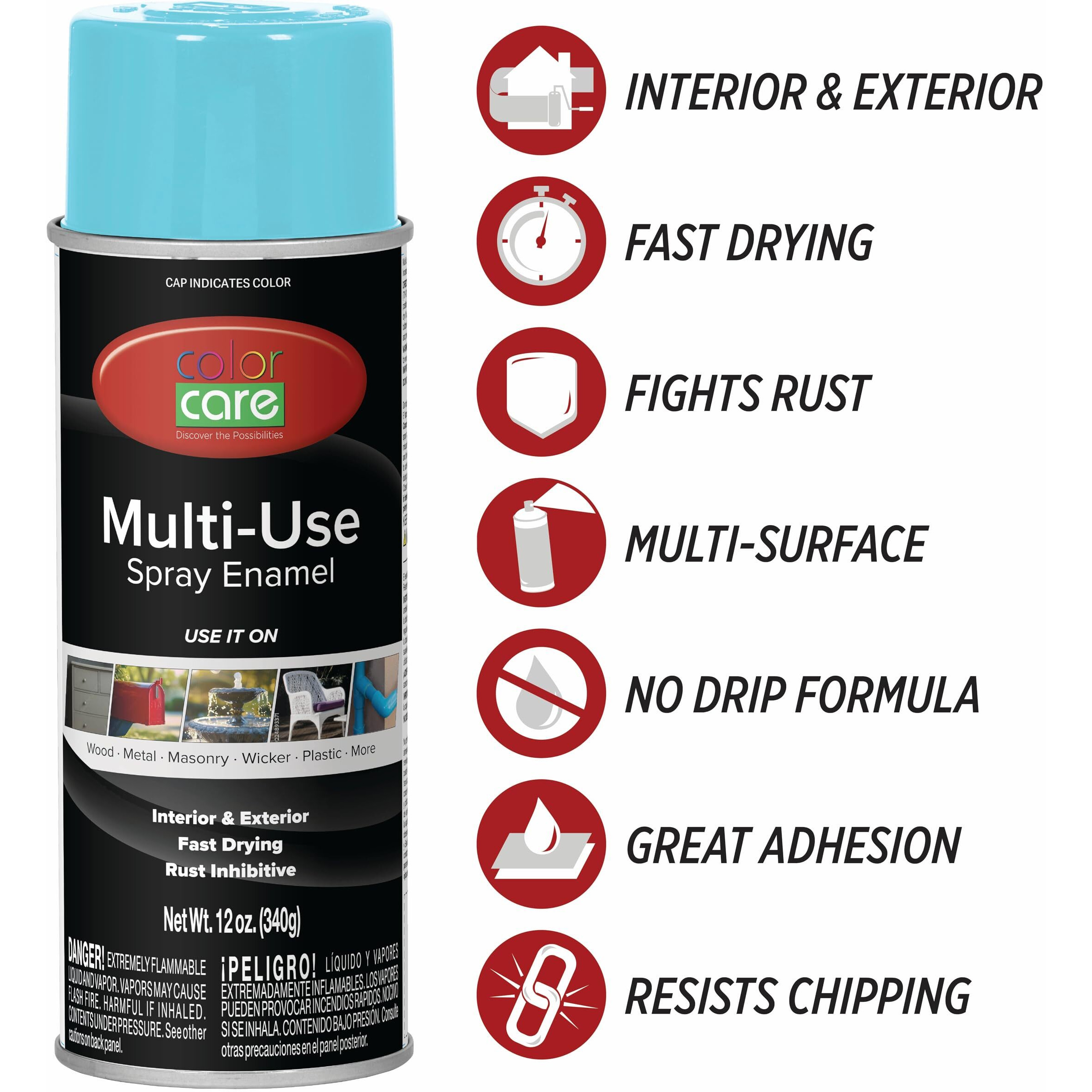 Color Care Spray Paint - 4 Pack Of 12 Oz. Cans, Oil Enamel, Rust Resistant, Quick Drying, No Drip Formula For Wood, Metal, Plastic, Masonry, Indoor & Outdoor Use (Light Blue)