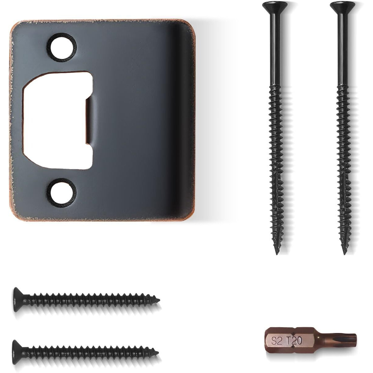 Mosecyou Extended Strike Plate 2"" X 2-1/4"", Heavy Duty Version With 1.55"", 3"" Torx/Star Screws & Bit, Extender Lip Door Latch Striker With Restorer Kit (Oil Rubbed Bronze, 1 Pack)
