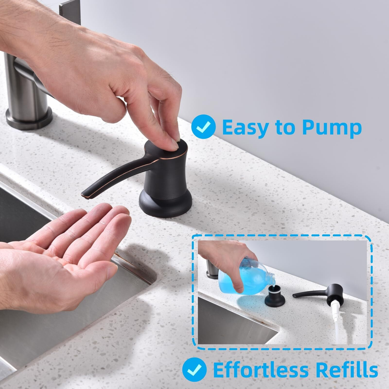 Kmeino Soap Dispenser For Kitchen Sink, Built In Sink Soap Dispenser Oil Rubbed Bronze Abs Pump Head With 11 Ounce Soap Bottle
