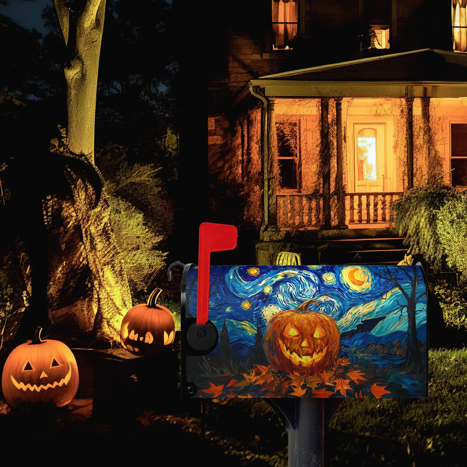 Dacawin Halloween Pumpkin Magnetic Mailbox Covers Standard Size 18 X 21 Van Gogh's Starry Night Mailbox Wraps Cover Oil Painting Decorations Post Box Cover For Garden Yard Outdoor Decor