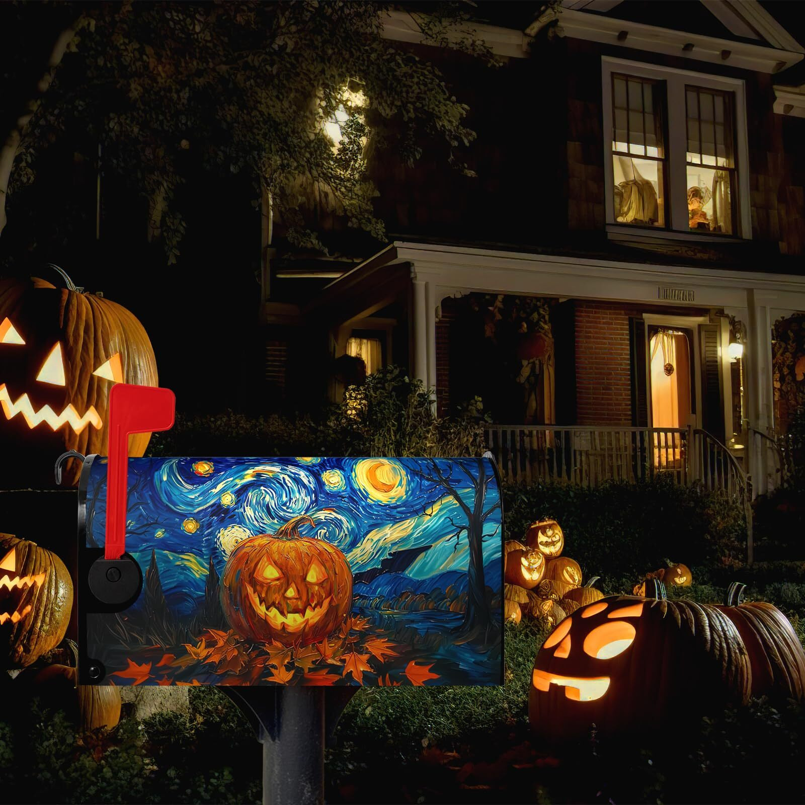 Dacawin Halloween Pumpkin Magnetic Mailbox Covers Standard Size 18 X 21 Van Gogh's Starry Night Mailbox Wraps Cover Oil Painting Decorations Post Box Cover For Garden Yard Outdoor Decor
