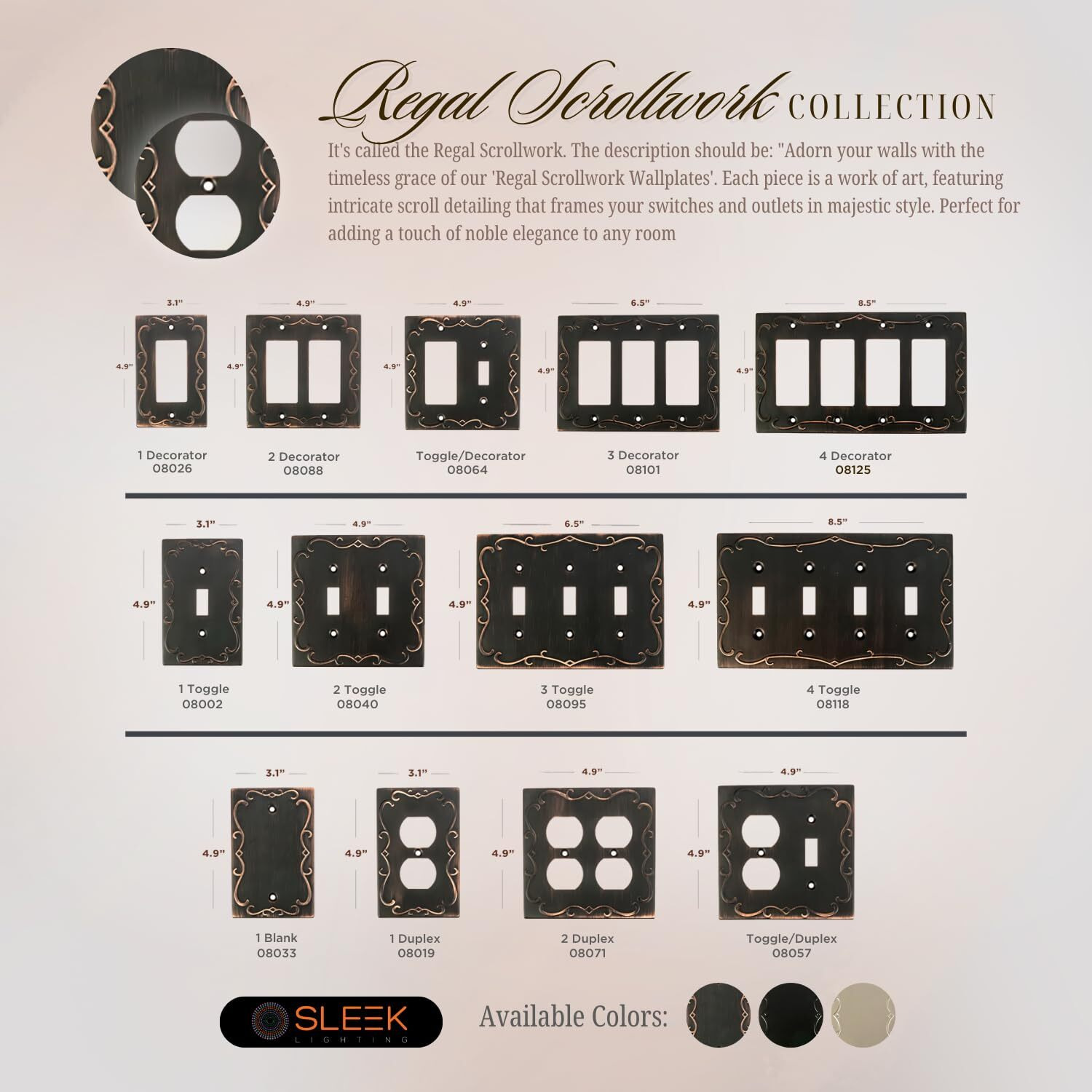 Sleeklighting | Wall Plates Decorative Regal Scrollwork Oil Rubbed Bronze | Electric Outlet And Switch Covers| Style 1 Gang Blank (2 Pack)