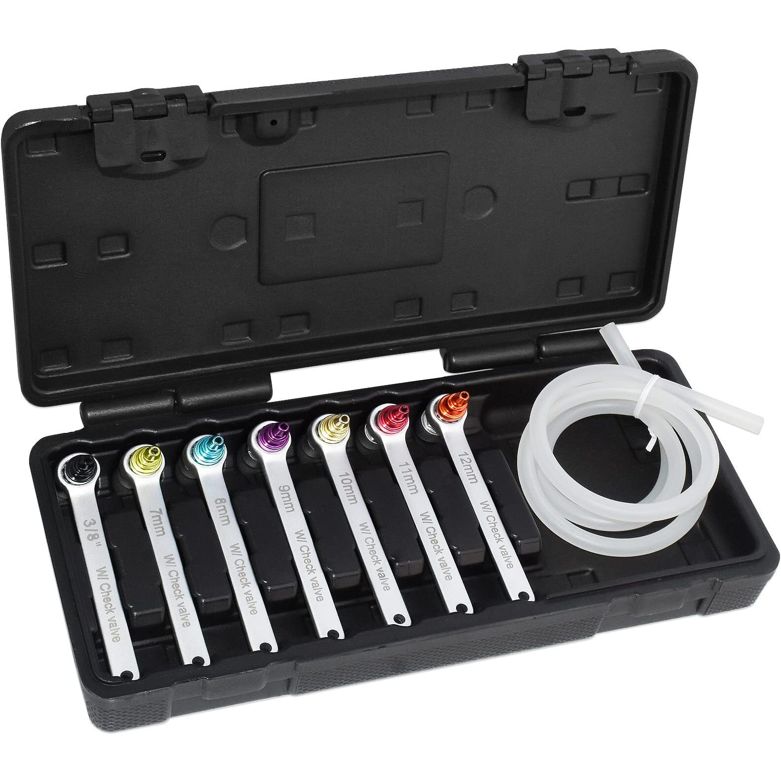 Firstinfo F35232 Patented Brake Bleeder Wrench Set 7-12Mm & 3/8-Inch 6 Point Socket Brake Bleeding Wrench Built-In One-Way Check Valve With Oil Drain Hose
