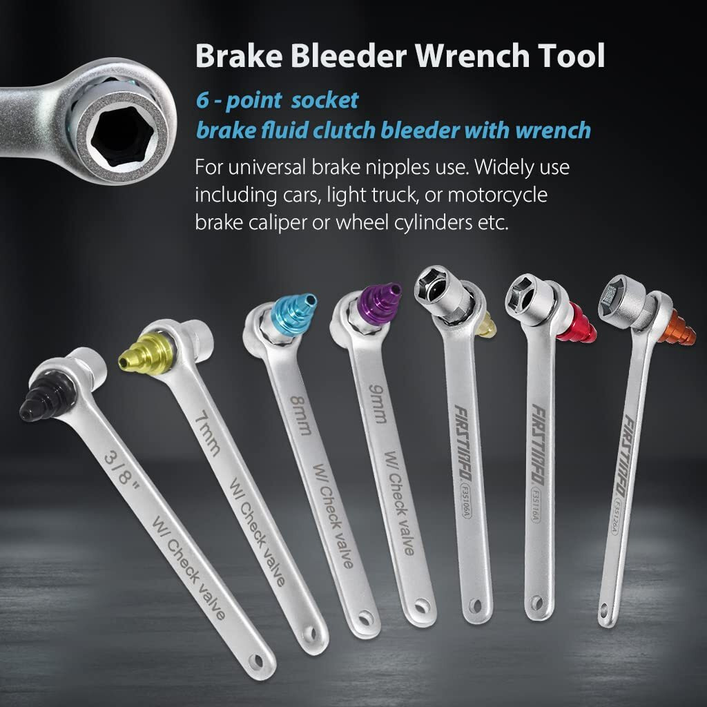 Firstinfo F35232 Patented Brake Bleeder Wrench Set 7-12Mm & 3/8-Inch 6 Point Socket Brake Bleeding Wrench Built-In One-Way Check Valve With Oil Drain Hose
