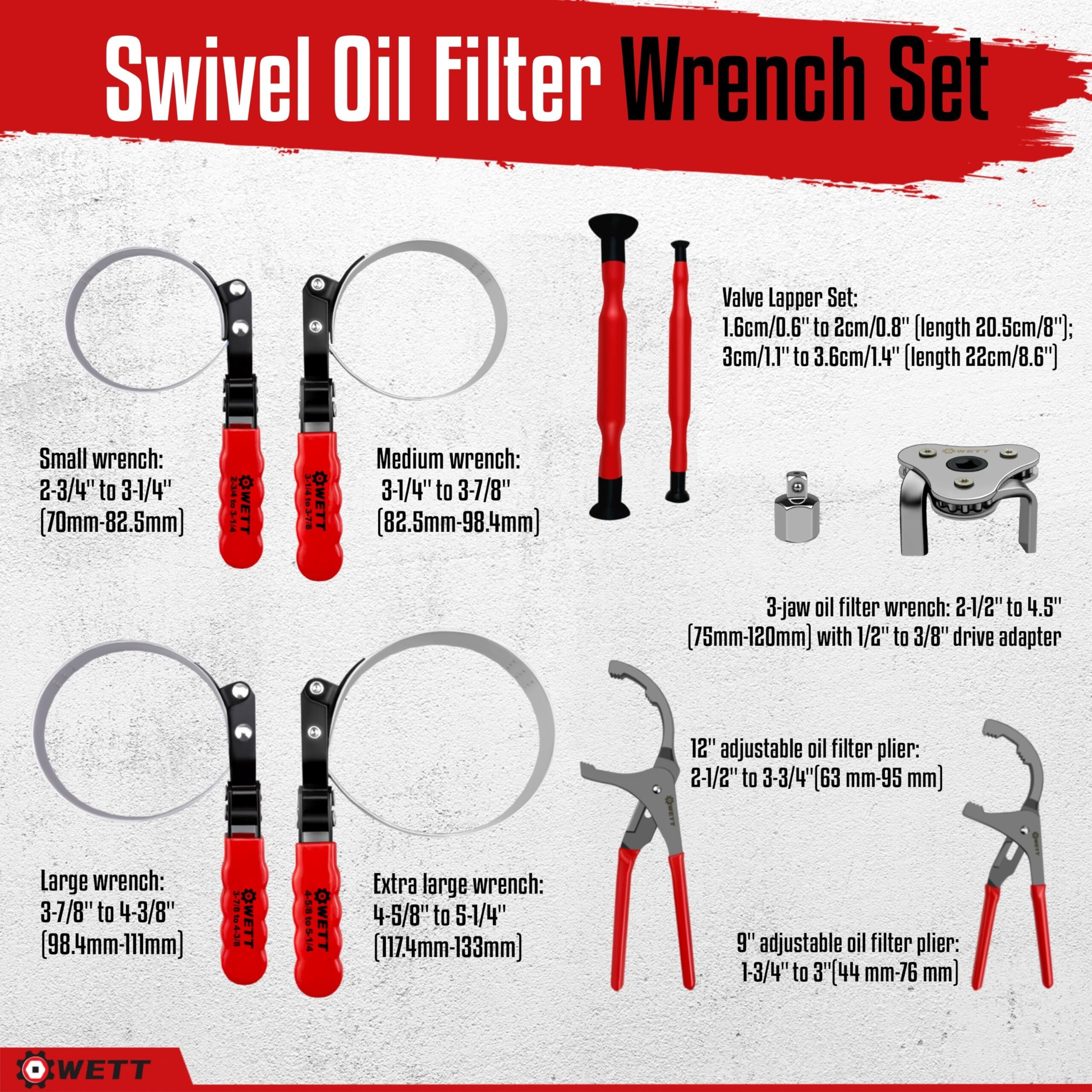 Wett Swivel Oil Filter Wrench Set, 9-Piece Standard Oil Filter Removal Tool, With Adjustable Oil Filter Plier And Valve Lapper, Stainless Steel Remover Pliers (2-3/4"" To 5-1/4"")