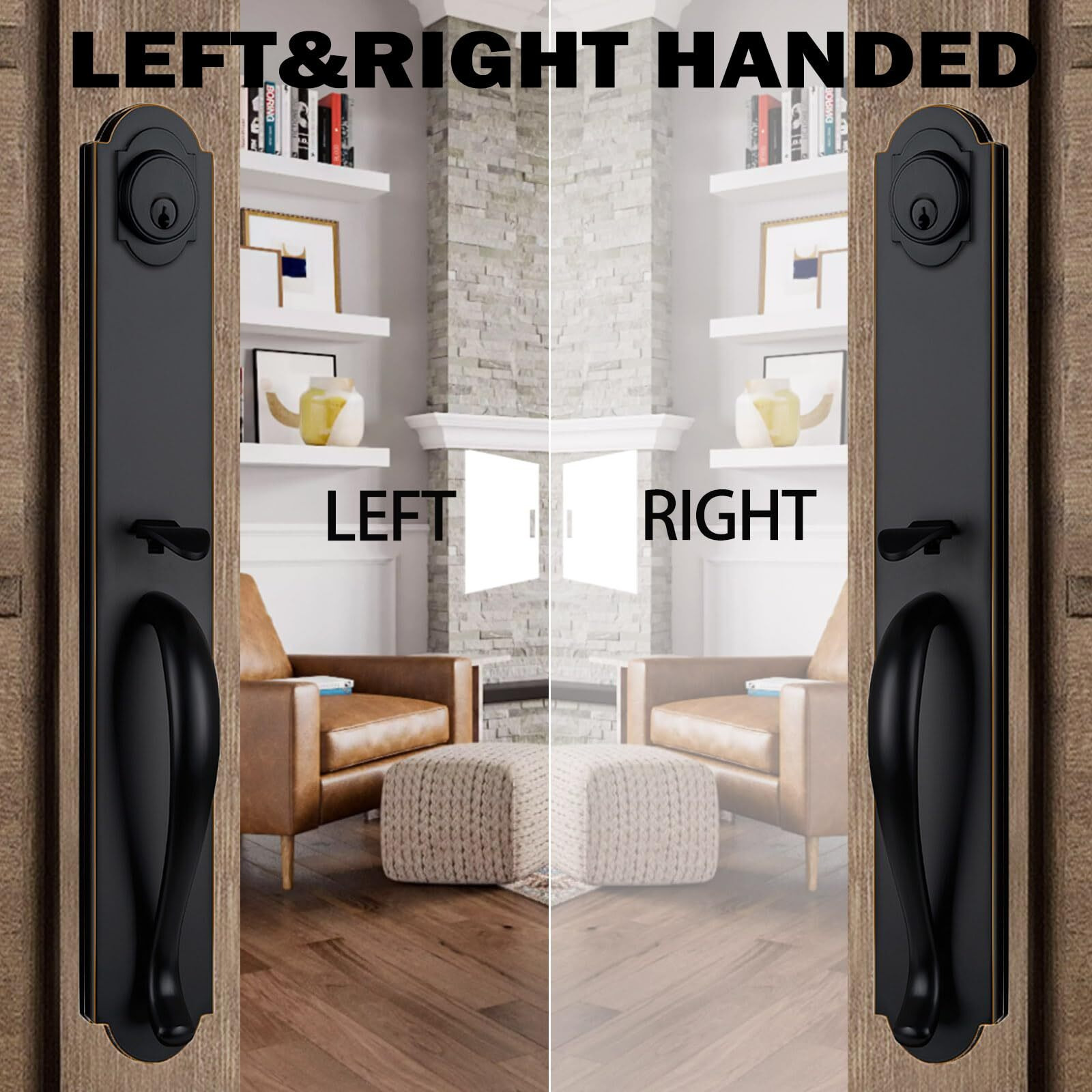 Hisafe Double Door Handle Set For Front Door, Oil Rubbed Bronze Keyed&Dummy Exterior Door Lockset With Deadbolt, Reversible For Right&Left Handed