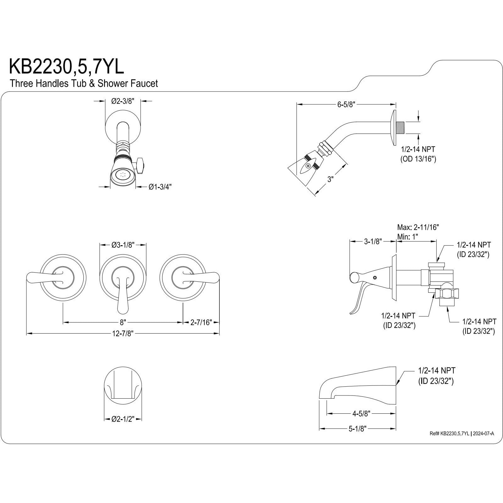 Kingston Brass Kb2235Yl Yosemite Three Handle Tub Shower Faucet, Oil Rubbed Bronze, 3-1/8 Inch Diameter Escutcheon, Oil Rubbed Bronze