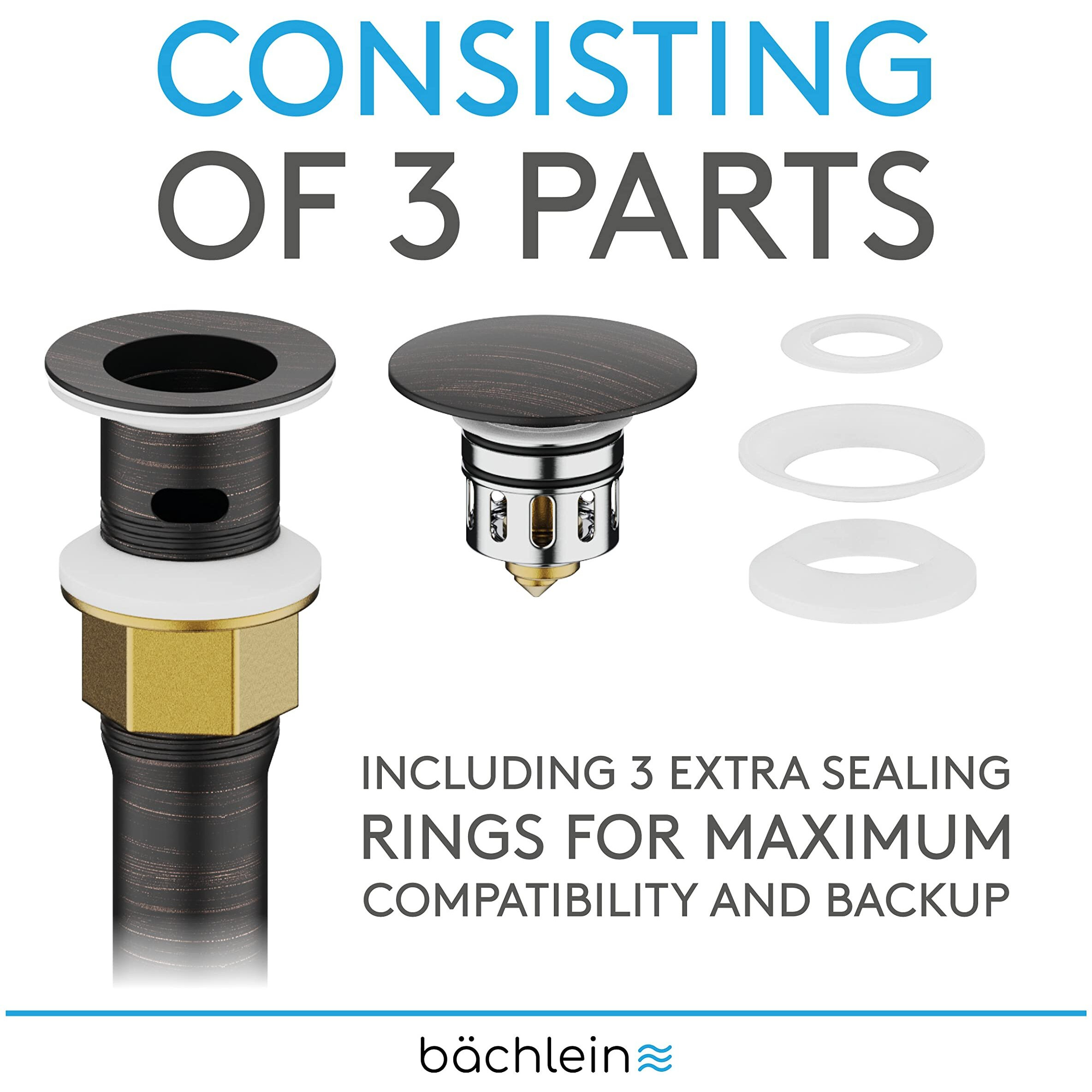 Bchlein Bathroom Sink Drain With Overflow - Sink Stopper With Pop Up Function - Oil Rubbed Bronze Pop Up Bathroom Sink Drain Incl. 3 Extra Seals And Installation Manual - German Brand