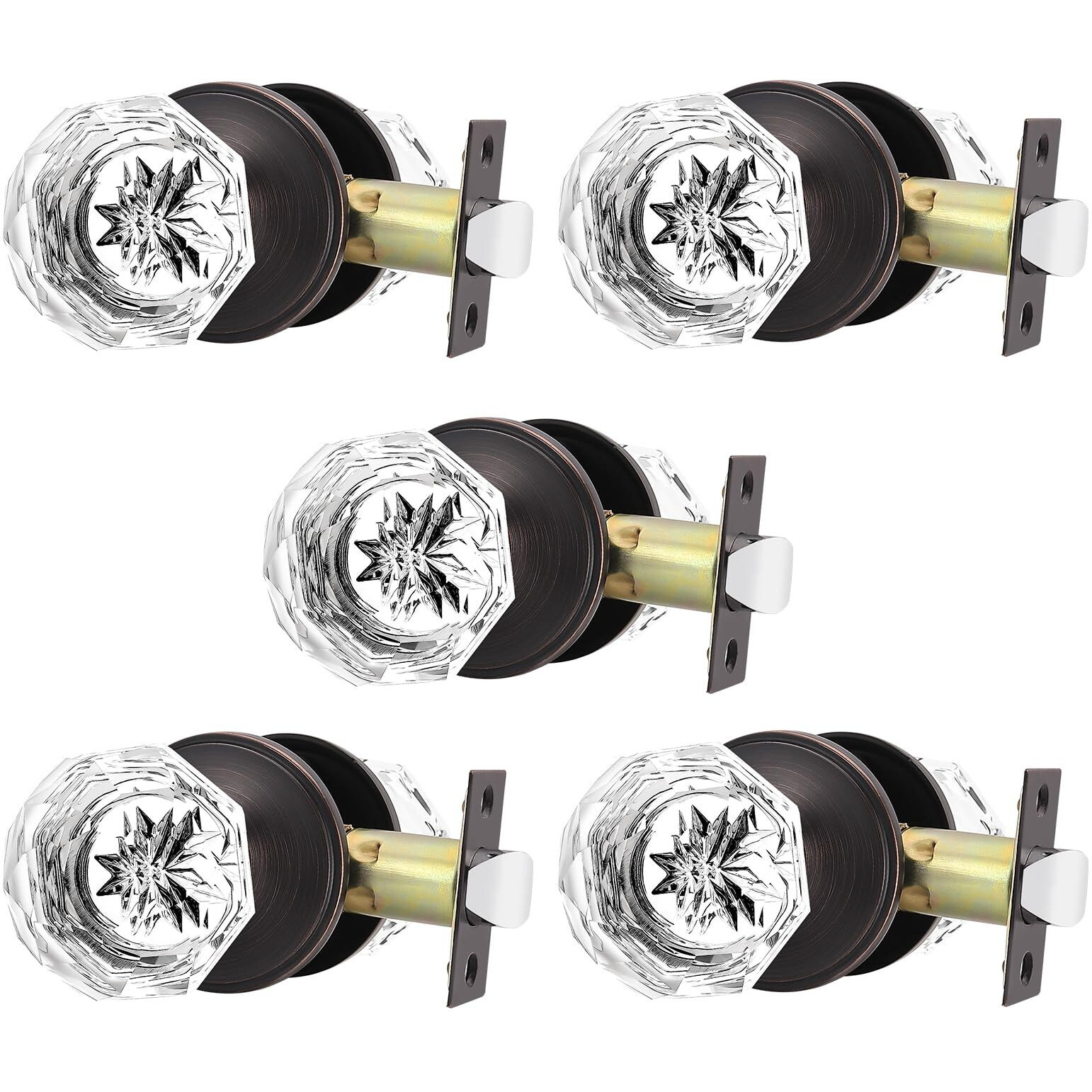 5 Pack Orger Glass Door Knobs For Hallway And Closet, Crystal Passage Door Knobs With Round Diamond Shape, Non-Locking Interior Door Handles, Round Rosette Finished Oil Rubbed Bronze
