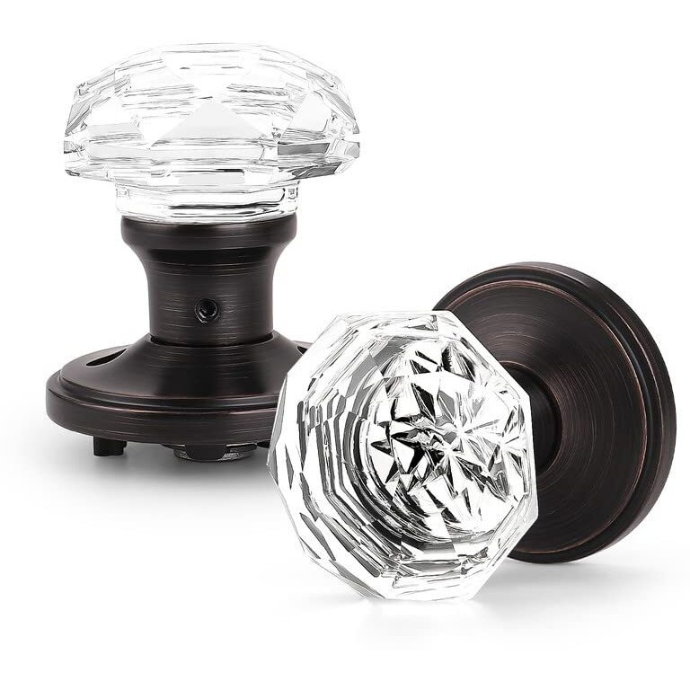 5 Pack Orger Glass Door Knobs For Hallway And Closet, Crystal Passage Door Knobs With Round Diamond Shape, Non-Locking Interior Door Handles, Round Rosette Finished Oil Rubbed Bronze