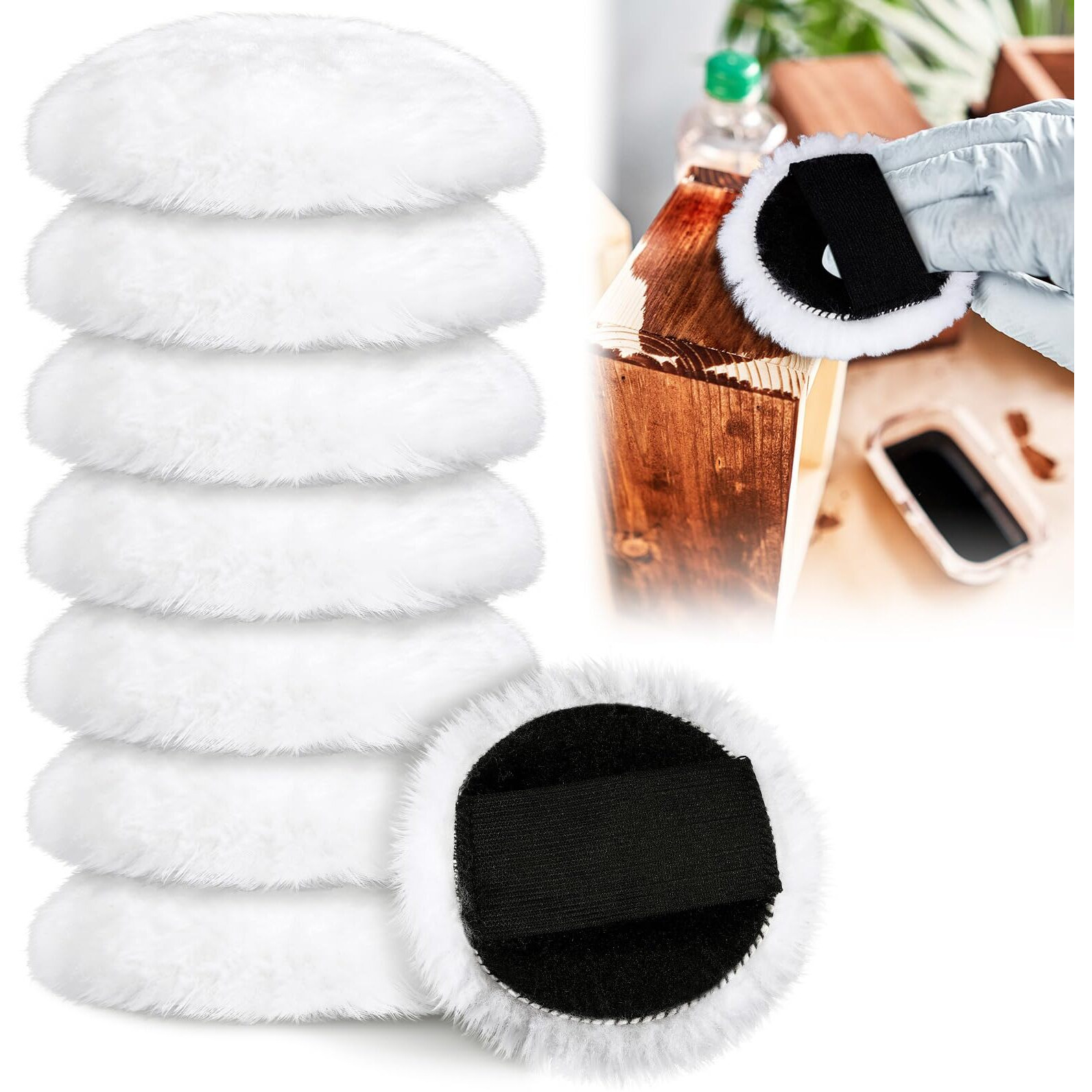 Daisyinner Lambswool Stain Pad 4 Inch Wood Stain Applicator Pads No Waste Reusable Lambswool Wax Applicator Staining Pads For Wood For Latex Oil Based Finishes Paints Buffing Polishing (8 Pcs)