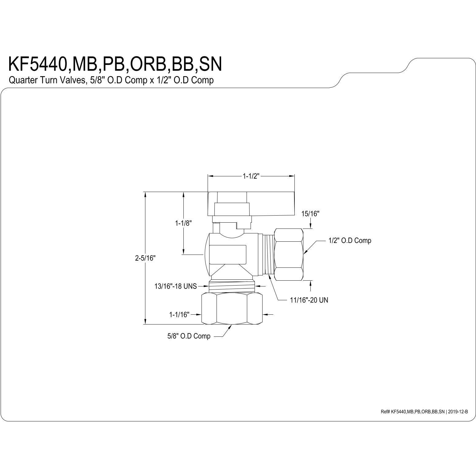 Kingston Brass Kf5440Orb 5/8-Inch 1/2-Inch Od Comp Angle Stop Valve, 5/8"" O.D Comp X 1/2"" O.D Comp, Oil Rubbed Bronze
